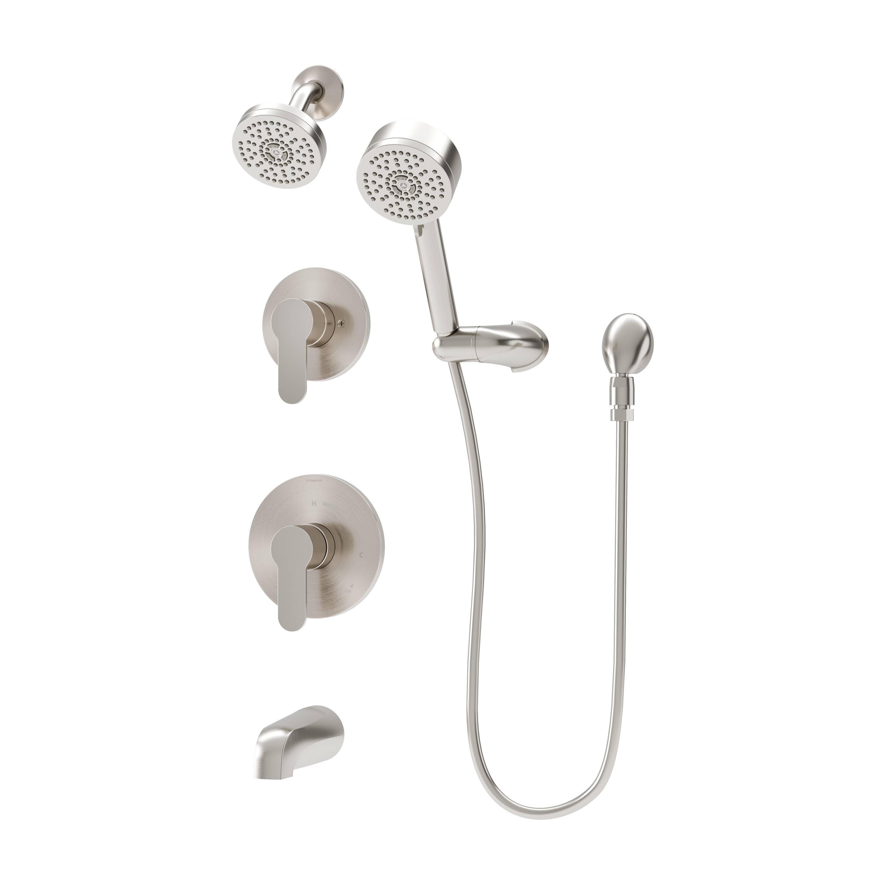 Grifería para bañera y ducha redonda de 3.94 pulgadas, satinada, de dos manijas y función única Identity de Symmons.