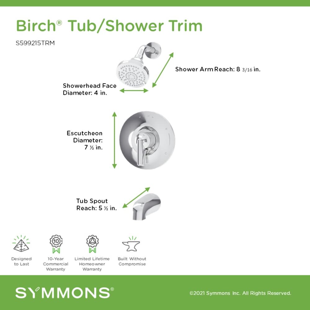 Monomando para bañera y ducha redonda de 4 pulgadas, acabado en cromo pulido, de abedul Symmons S599215TRM