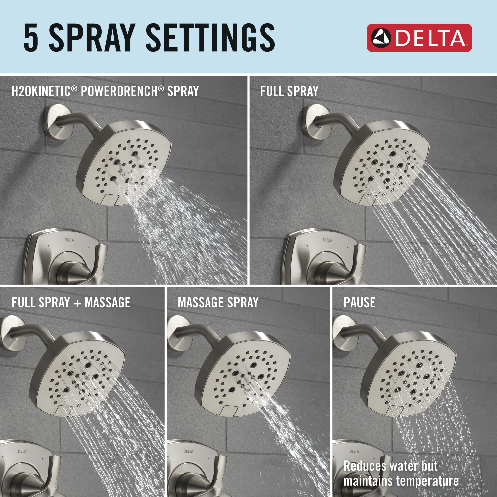 Grifo para bañera y ducha redonda de 7.0 pulgadas con acabado lumicoat de acero inoxidable y un solo mango de la línea Delta Stryke. T144766-SS-PR