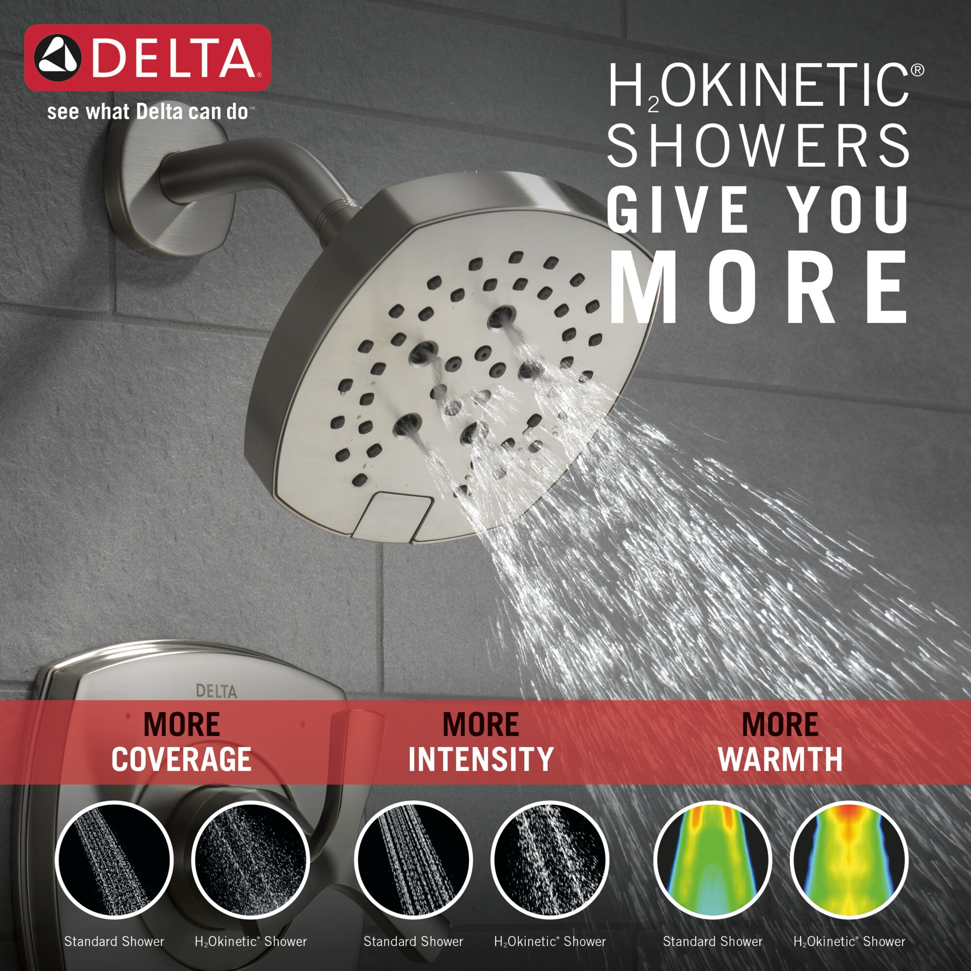 Grifo para bañera y ducha redonda de 7.0 pulgadas con acabado lumicoat de acero inoxidable y un solo mango de la línea Delta Stryke. T144766-SS-PR