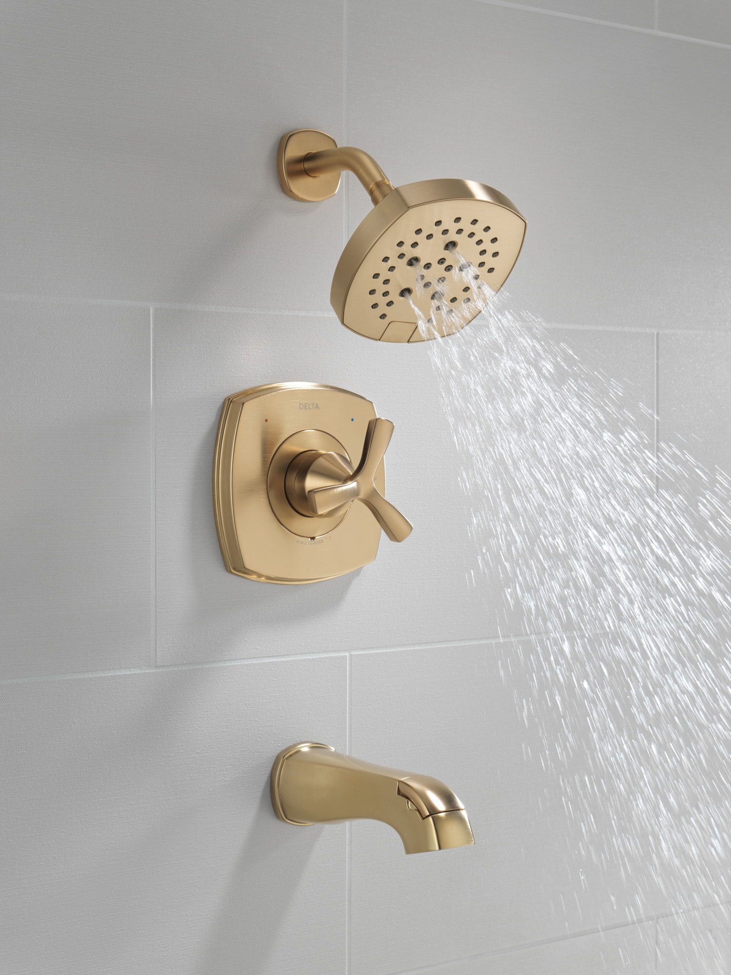 Grifo para bañera y ducha redondo de 7.0 pulgadas de función múltiple con un mango en bronce champan Lumicoat Delta Stryke