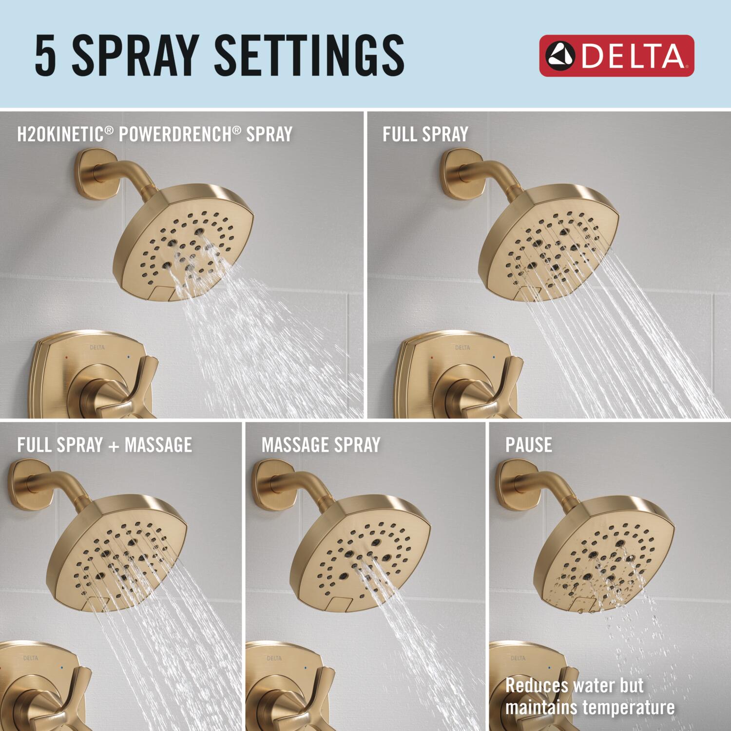 Grifo para bañera y ducha redondo de 7.0 pulgadas de función múltiple con un mango en bronce champan Lumicoat Delta Stryke