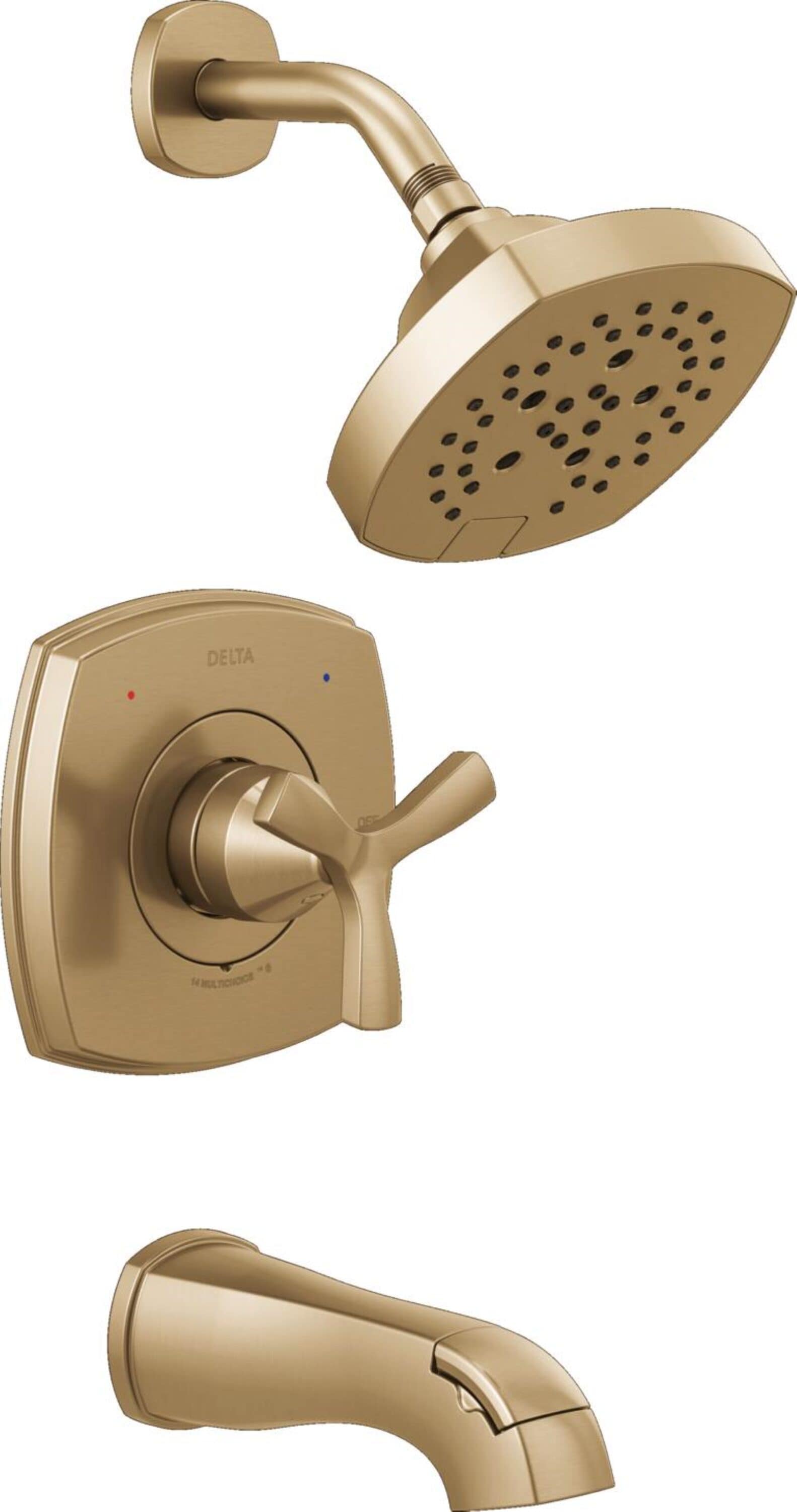 Grifo para bañera y ducha redondo de 7.0 pulgadas de función múltiple con un mango en bronce champan Lumicoat Delta Stryke