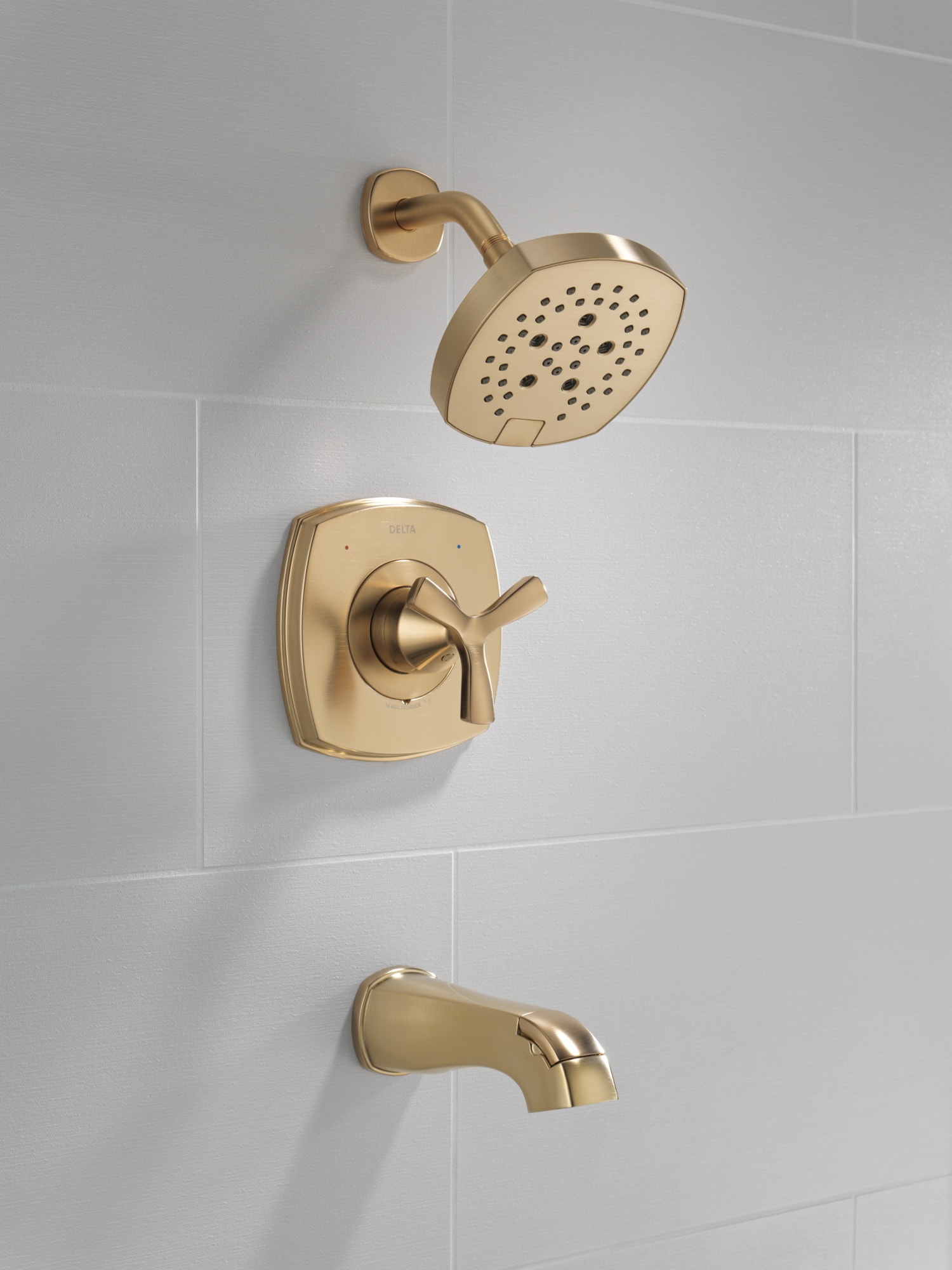 Grifo para bañera y ducha redondo de 7.0 pulgadas de función múltiple con un mango en bronce champan Lumicoat Delta Stryke