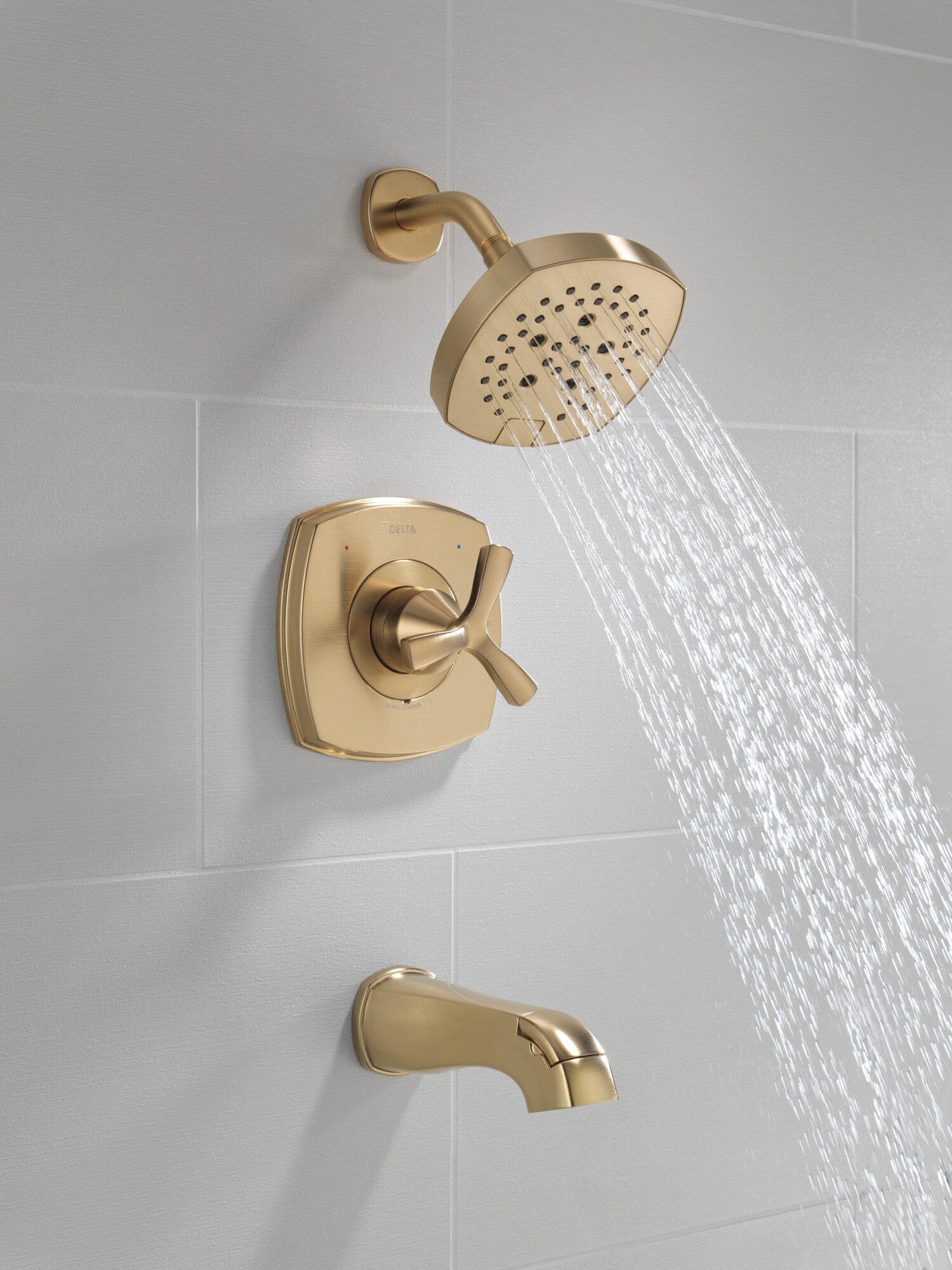 Grifo para bañera y ducha redondo de 7.0 pulgadas de función múltiple con un mango en bronce champan Lumicoat Delta Stryke