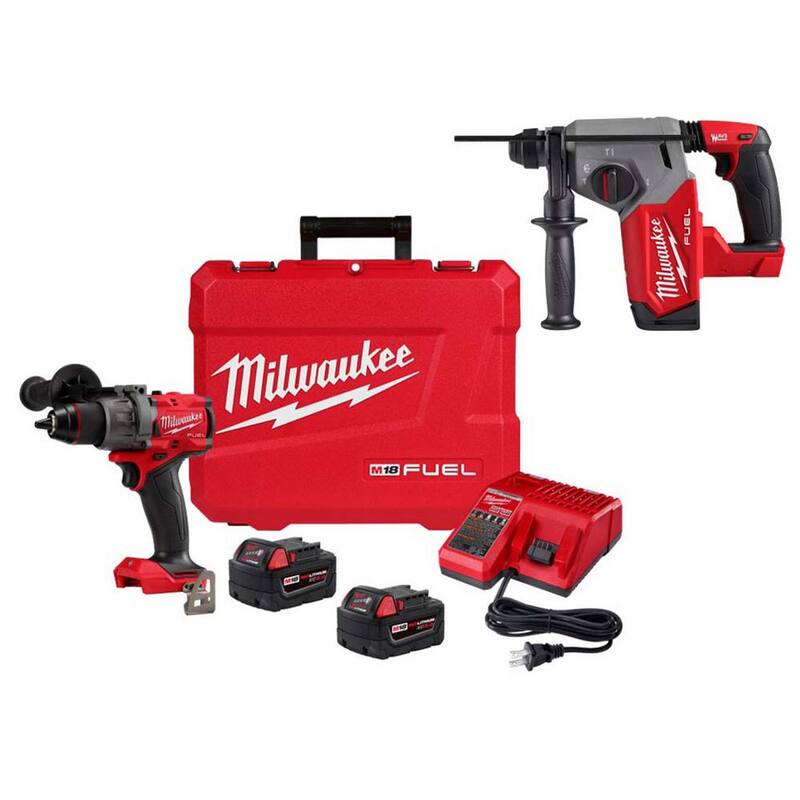 Milwaukee M18 FUEL 18V Lithium-Ion Brushless Taladro Inalámbrico de Martillo Percutor de 1/2 pulg con Kit de Martillo Rotativo SDS-PLUS de 1 pulg - 2904-22-2912-20