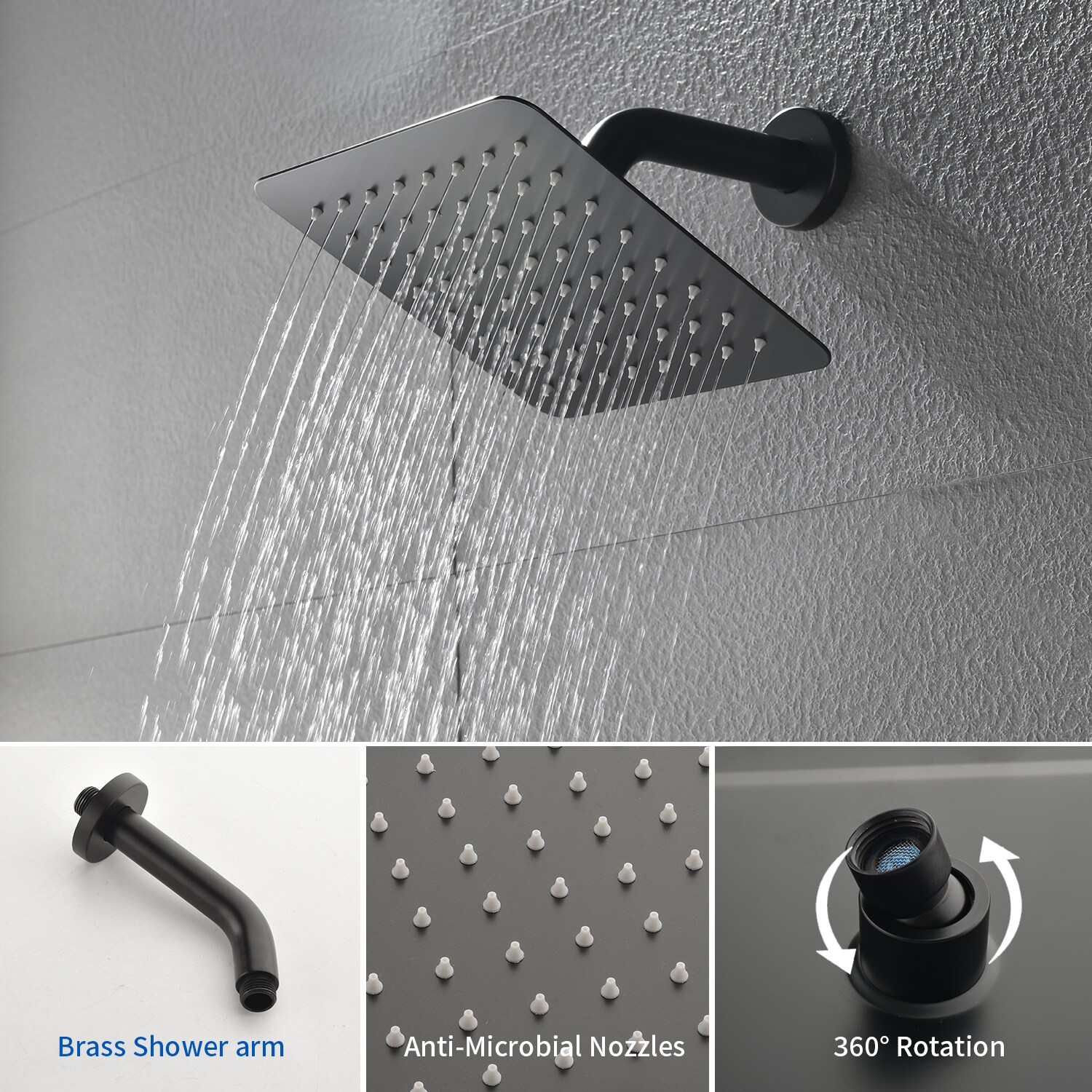 Mezcladora de Bañera y Ducha Cuadrada de 8 Pulgadas, Mate Negra de 1 Manija y Función Única de WELLFOR con Válvula WA9001MB