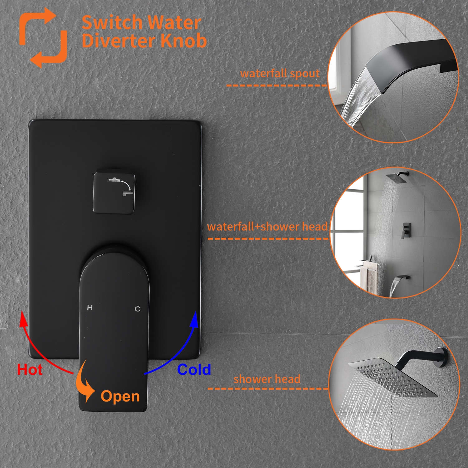 Mezcladora de Bañera y Ducha Cuadrada de 8 Pulgadas, Mate Negra de 1 Manija y Función Única de WELLFOR con Válvula WA9001MB