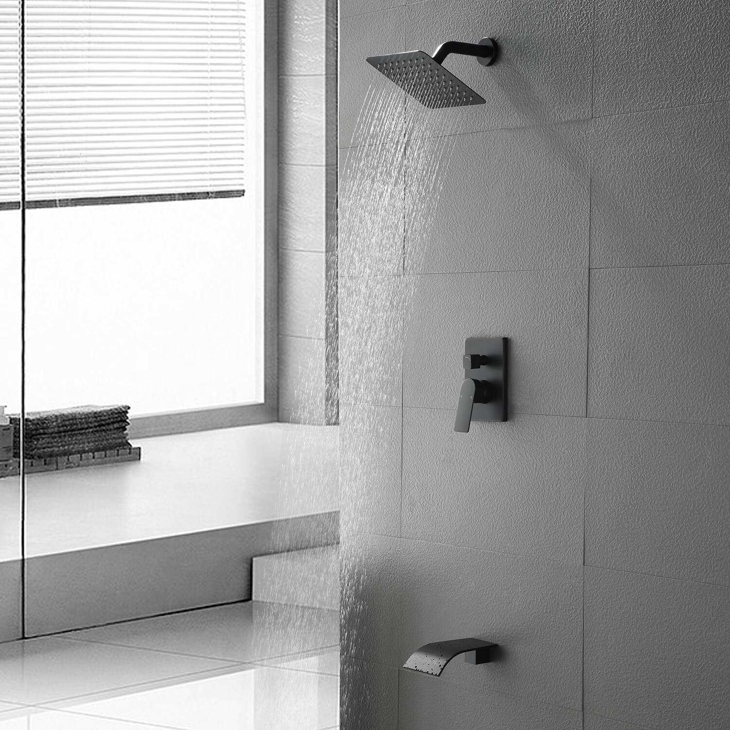 Mezcladora de Bañera y Ducha Cuadrada de 8 Pulgadas, Mate Negra de 1 Manija y Función Única de WELLFOR con Válvula WA9001MB