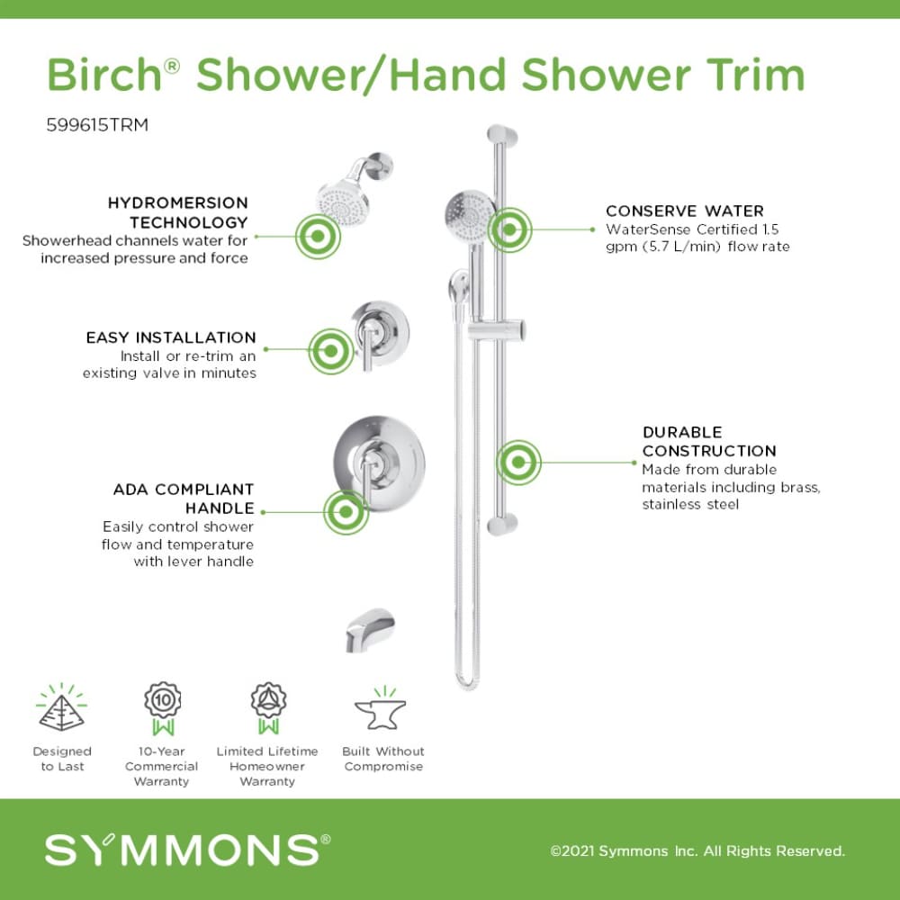 Grifería para bañera y ducha redonda de 4 pulgadas de función única con 2 manijas cromadas brillantes de abedul Symmons 599615TRM
