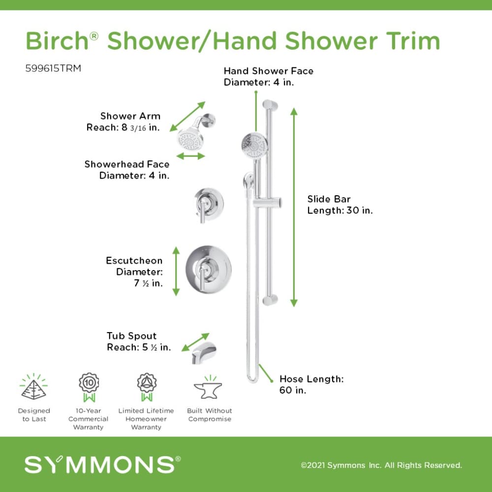 Grifería para bañera y ducha redonda de 4 pulgadas de función única con 2 manijas cromadas brillantes de abedul Symmons 599615TRM