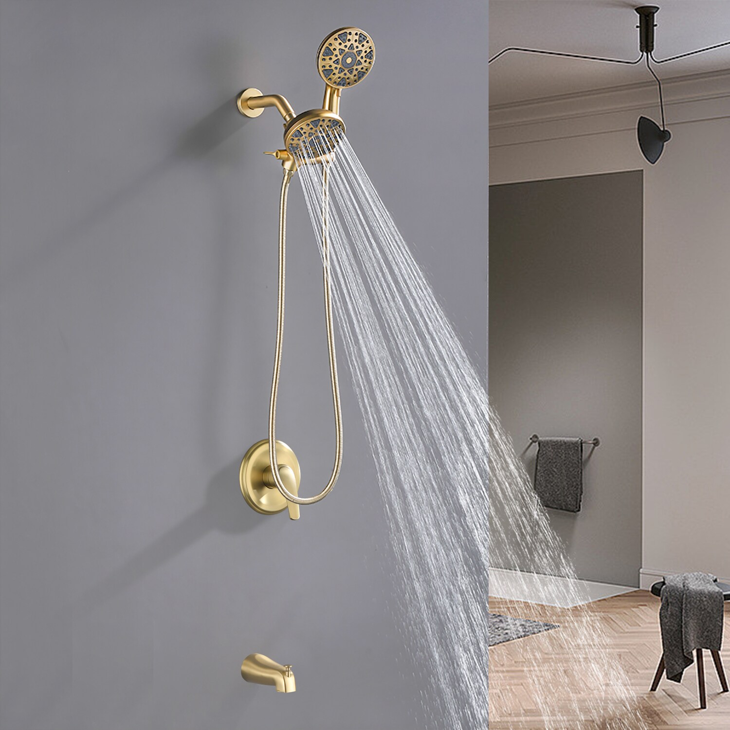 Llave Mezcladora de Bañera y Ducha Redonda de 4.72 Pulgadas en Oro Cepillado con Dos Manijas WELLFOR.