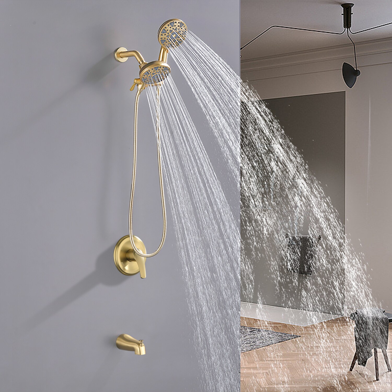 Llave Mezcladora de Bañera y Ducha Redonda de 4.72 Pulgadas en Oro Cepillado con Dos Manijas WELLFOR.