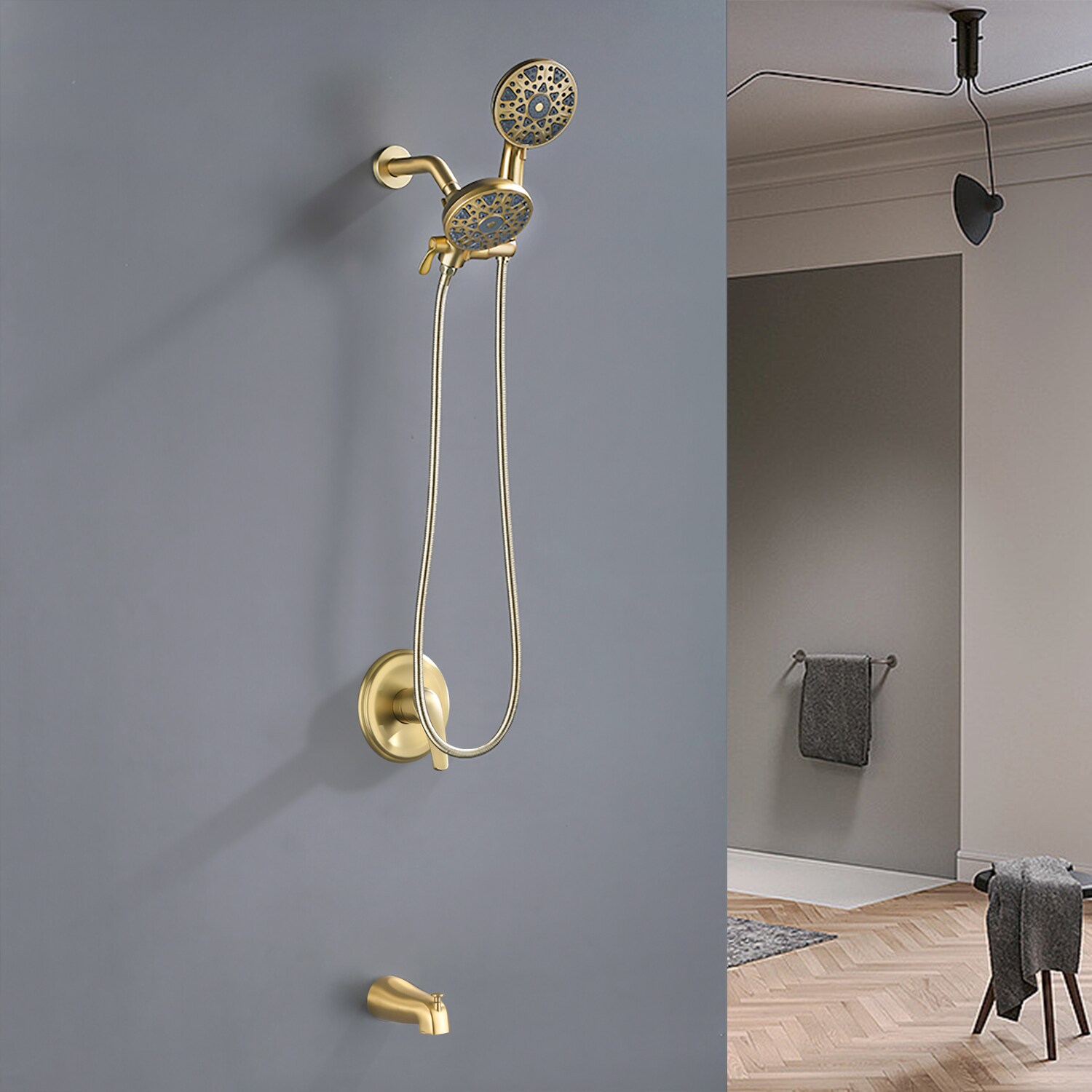 Llave Mezcladora de Bañera y Ducha Redonda de 4.72 Pulgadas en Oro Cepillado con Dos Manijas WELLFOR.