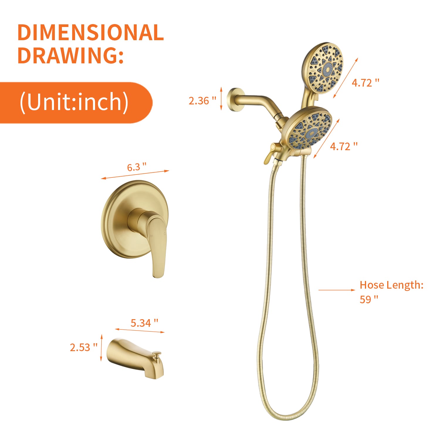 Llave Mezcladora de Bañera y Ducha Redonda de 4.72 Pulgadas en Oro Cepillado con Dos Manijas WELLFOR.