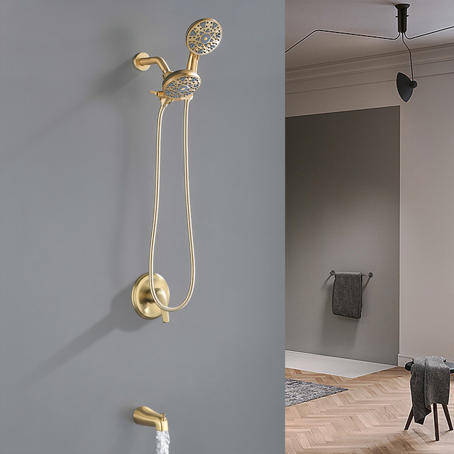 Llave Mezcladora de Bañera y Ducha Redonda de 4.72 Pulgadas en Oro Cepillado con Dos Manijas WELLFOR.