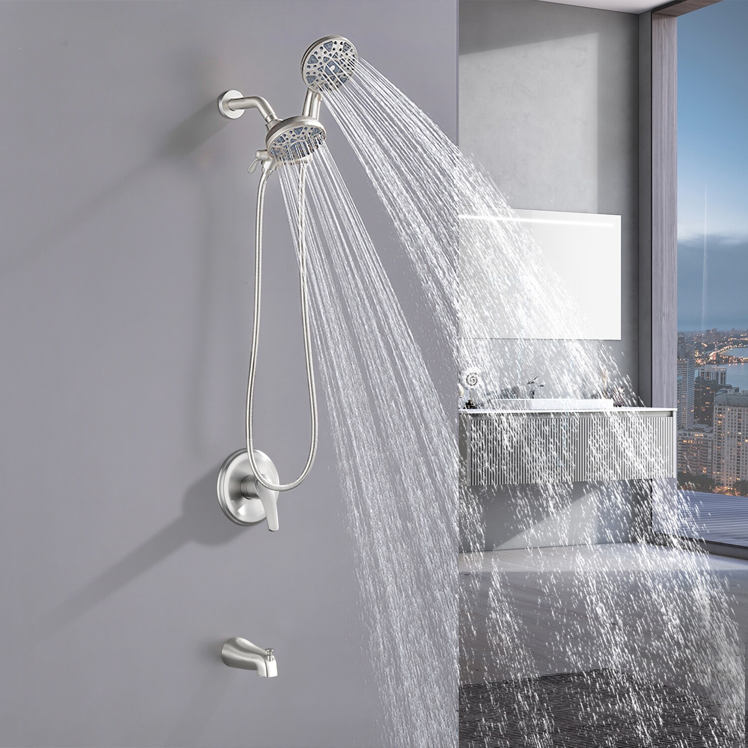 Sistema de grifo de bañera y ducha redondo de 4.72 pulgadas de níquel cepillado de doble manija y múltiples funciones WELLFOR con válvula WAQ7006TNS