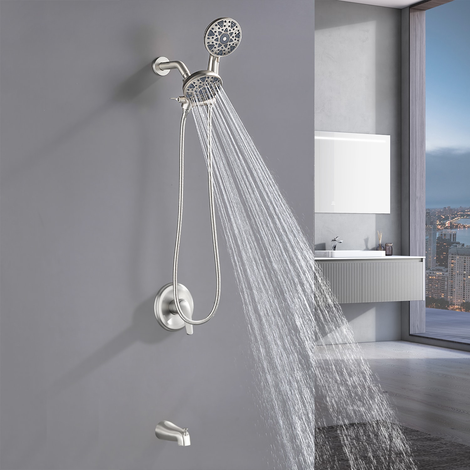 Sistema de grifo de bañera y ducha redondo de 4.72 pulgadas de níquel cepillado de doble manija y múltiples funciones WELLFOR con válvula WAQ7006TNS
