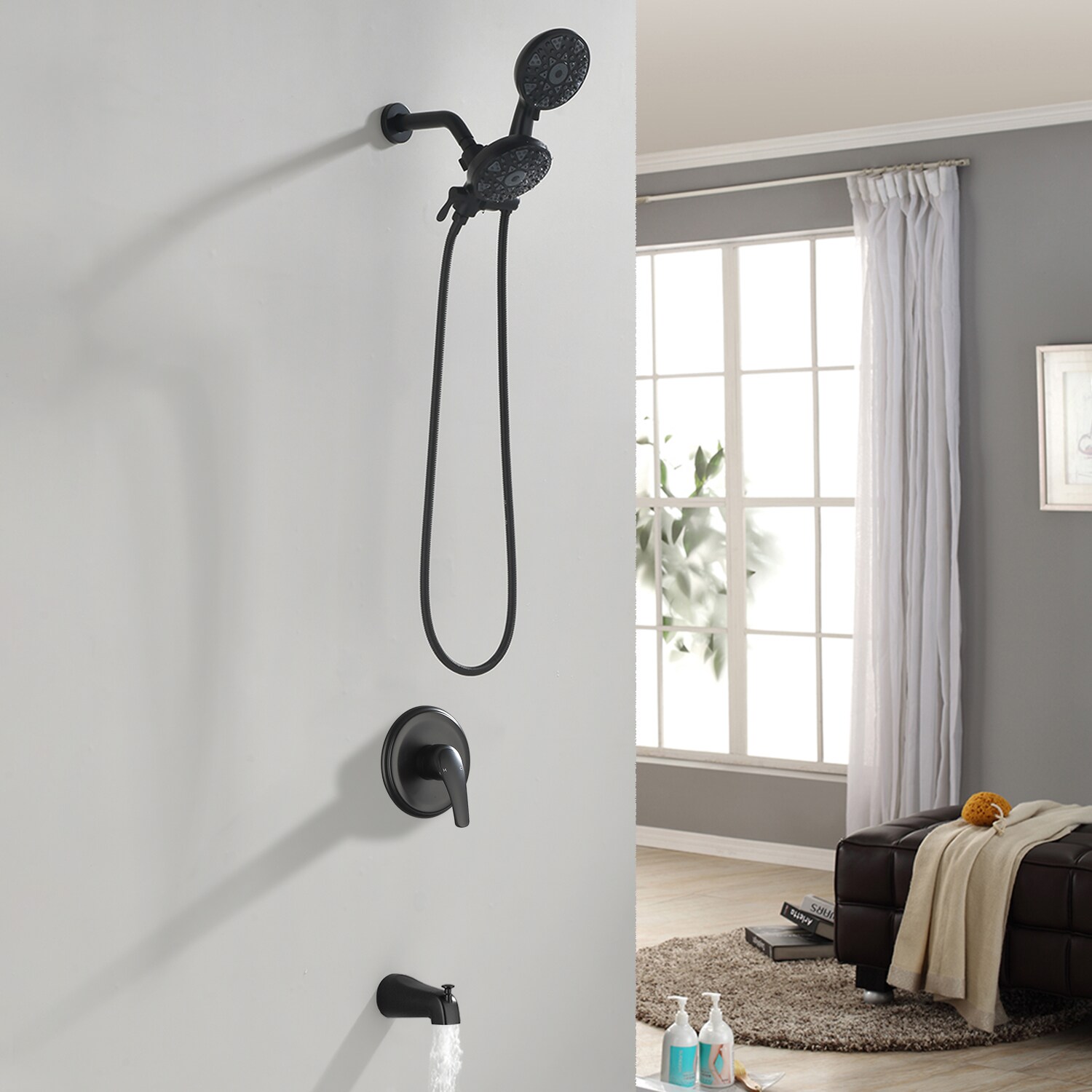 Grifería para bañera y ducha redonda de 4.72 pulgadas con 2 manijas en negro mate de WELLFOR