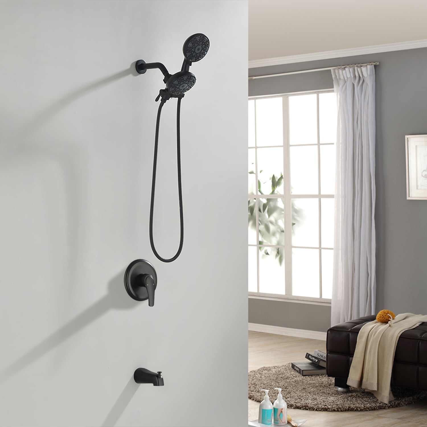 Grifería para bañera y ducha redonda de 4.72 pulgadas con 2 manijas en negro mate de WELLFOR