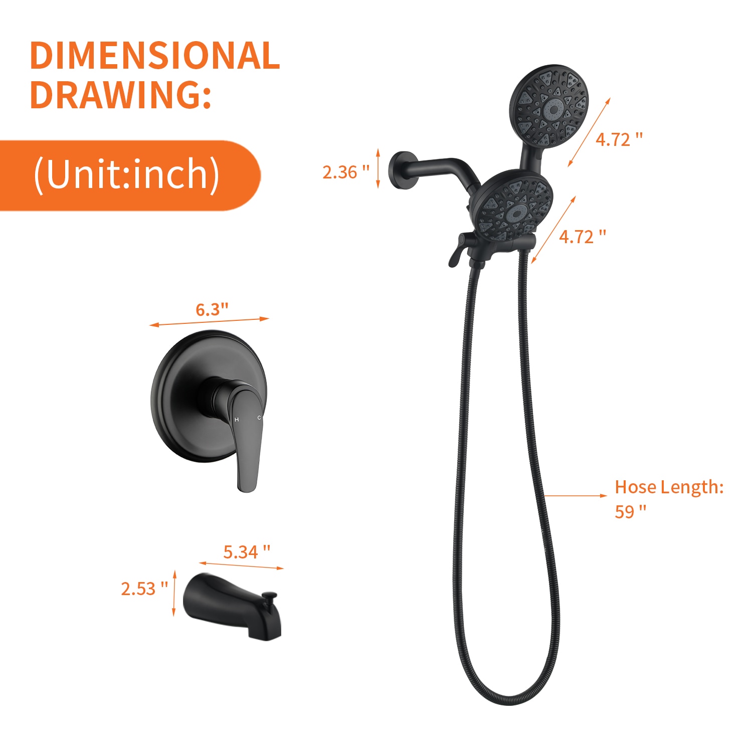 Grifería para bañera y ducha redonda de 4.72 pulgadas con 2 manijas en negro mate de WELLFOR