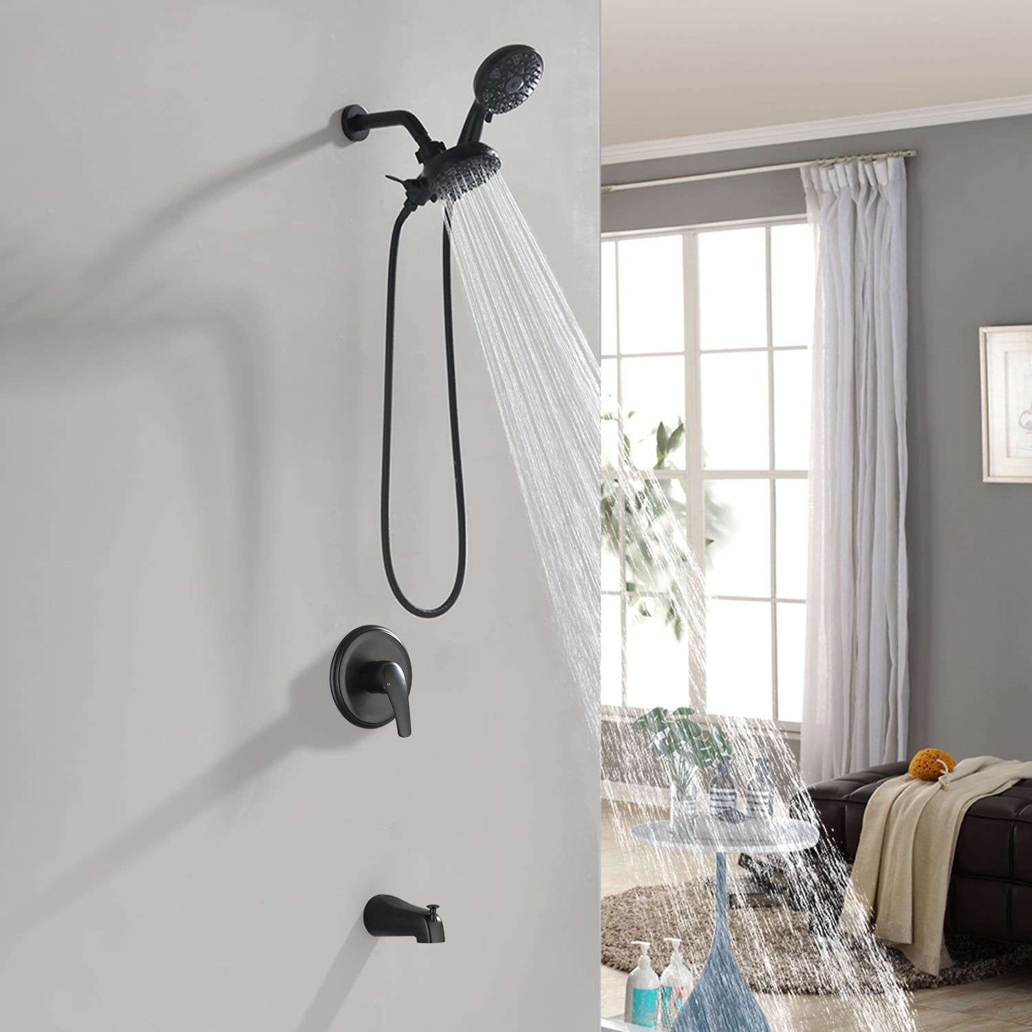 Grifería para bañera y ducha redonda de 4.72 pulgadas con 2 manijas en negro mate de WELLFOR