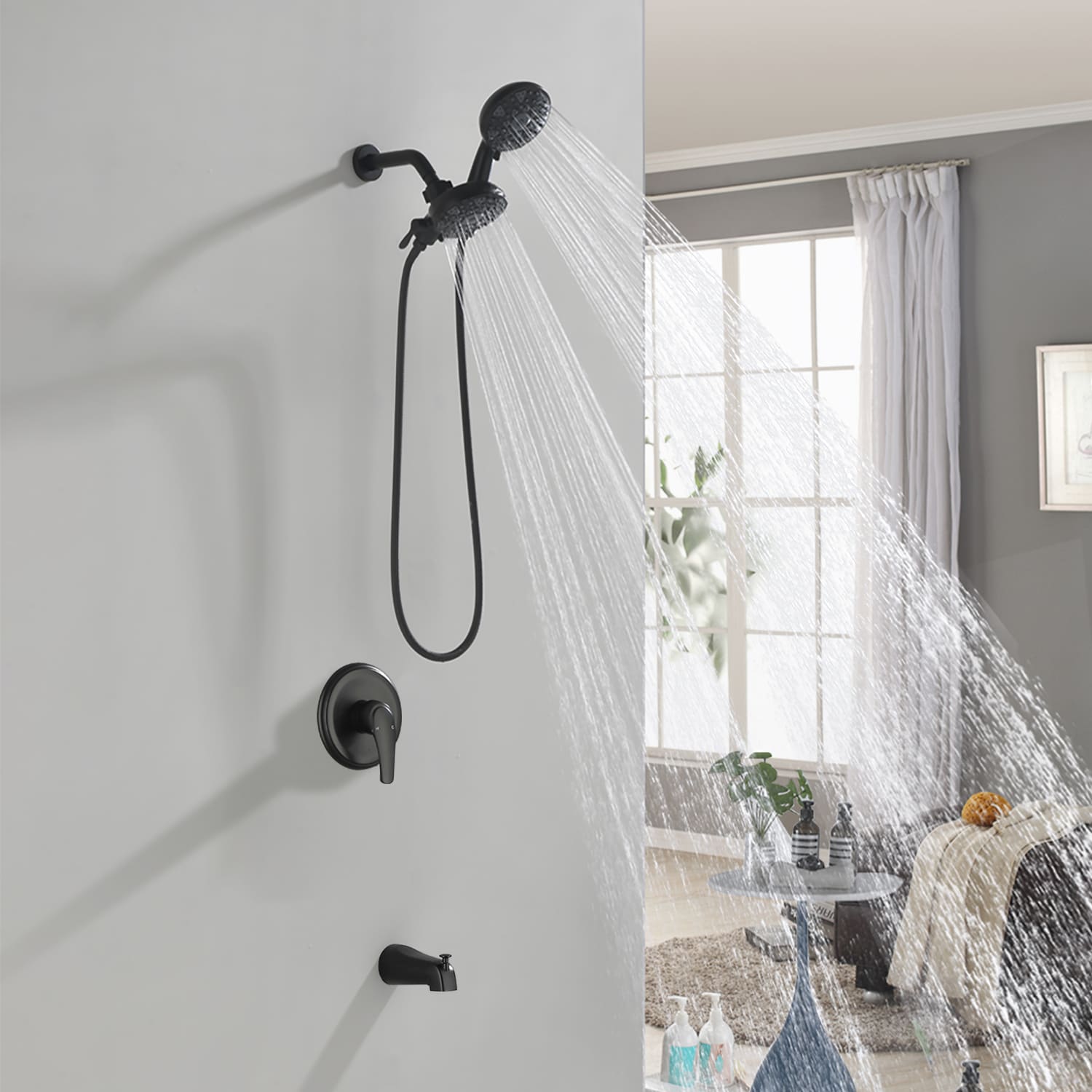 Grifería para bañera y ducha redonda de 4.72 pulgadas con 2 manijas en negro mate de WELLFOR