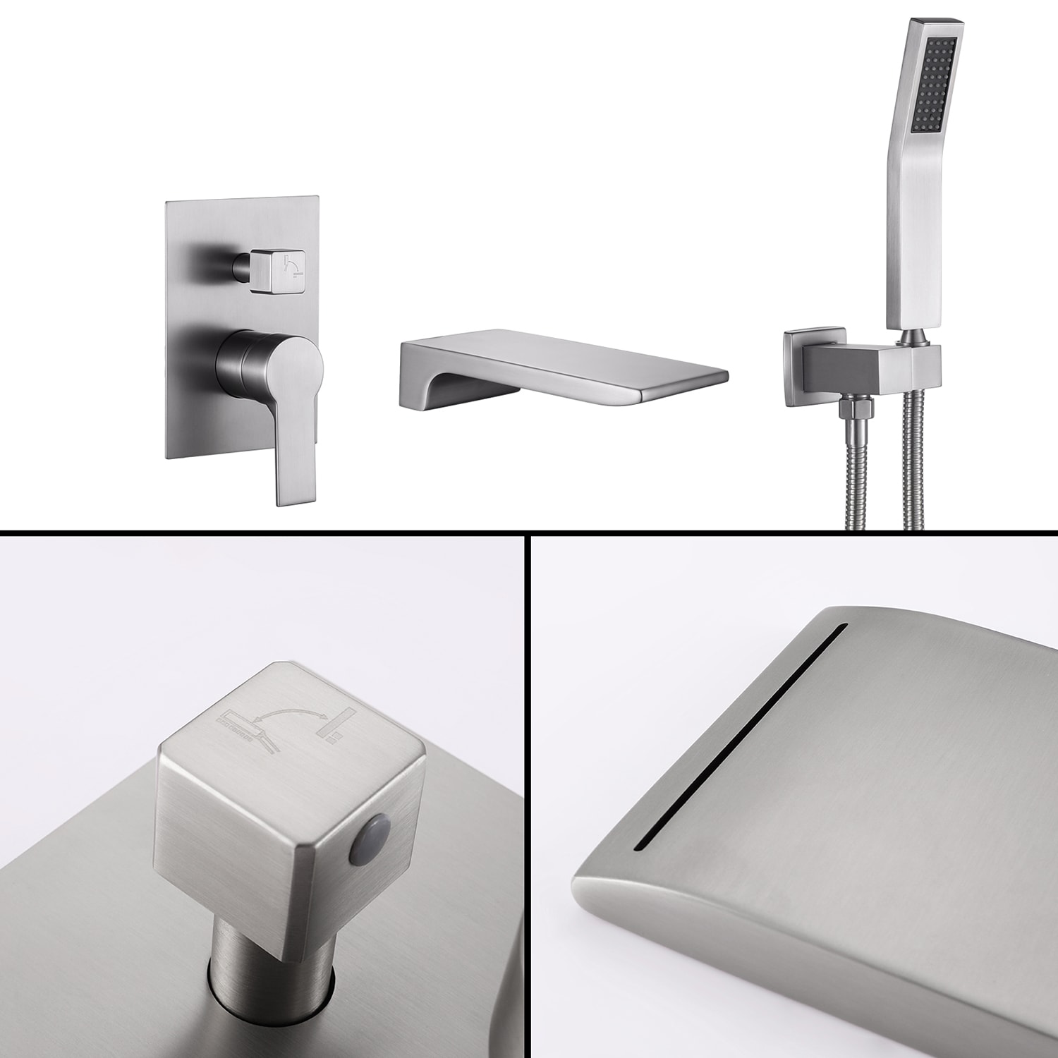 Grifo de bañera y ducha de una sola manija y 1.37 pulgadas, estilo rectangular, niquelado cepillado, cobertura SSF0200N