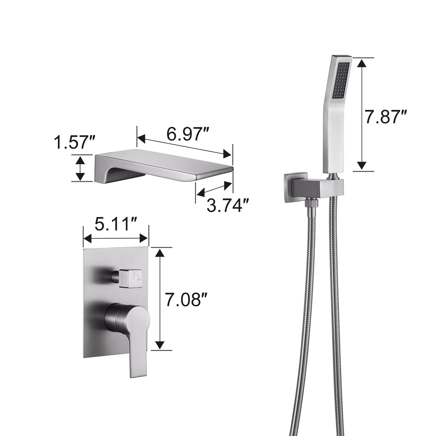 Grifo de bañera y ducha de una sola manija y 1.37 pulgadas, estilo rectangular, niquelado cepillado, cobertura SSF0200N
