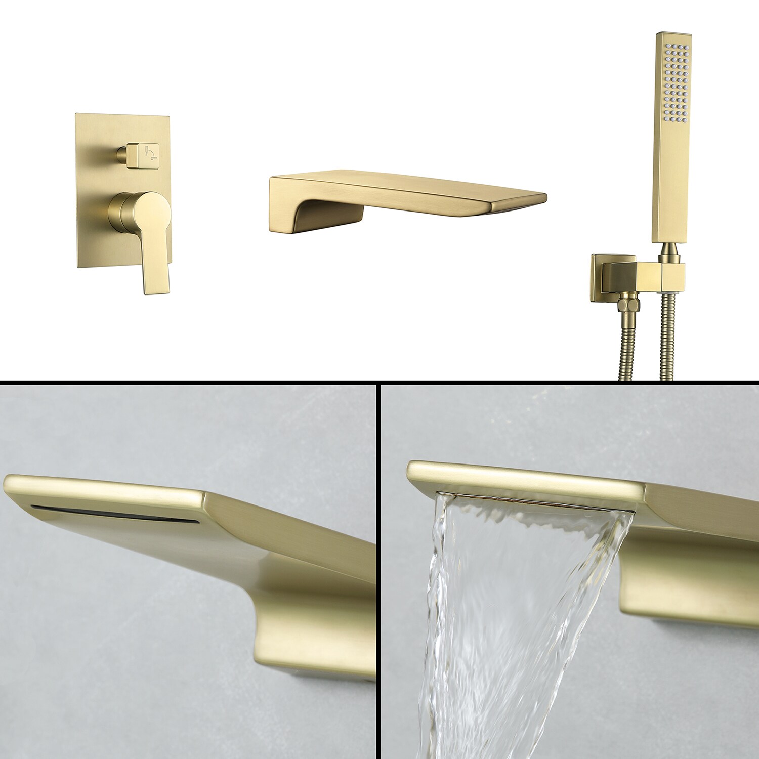 Mezcladora de Bañera y Ducha con Válvula de 1 Manija, Color Oro Cepillado, Forma Rectangular de 1.37 Pulgadas, Marca Cobbe