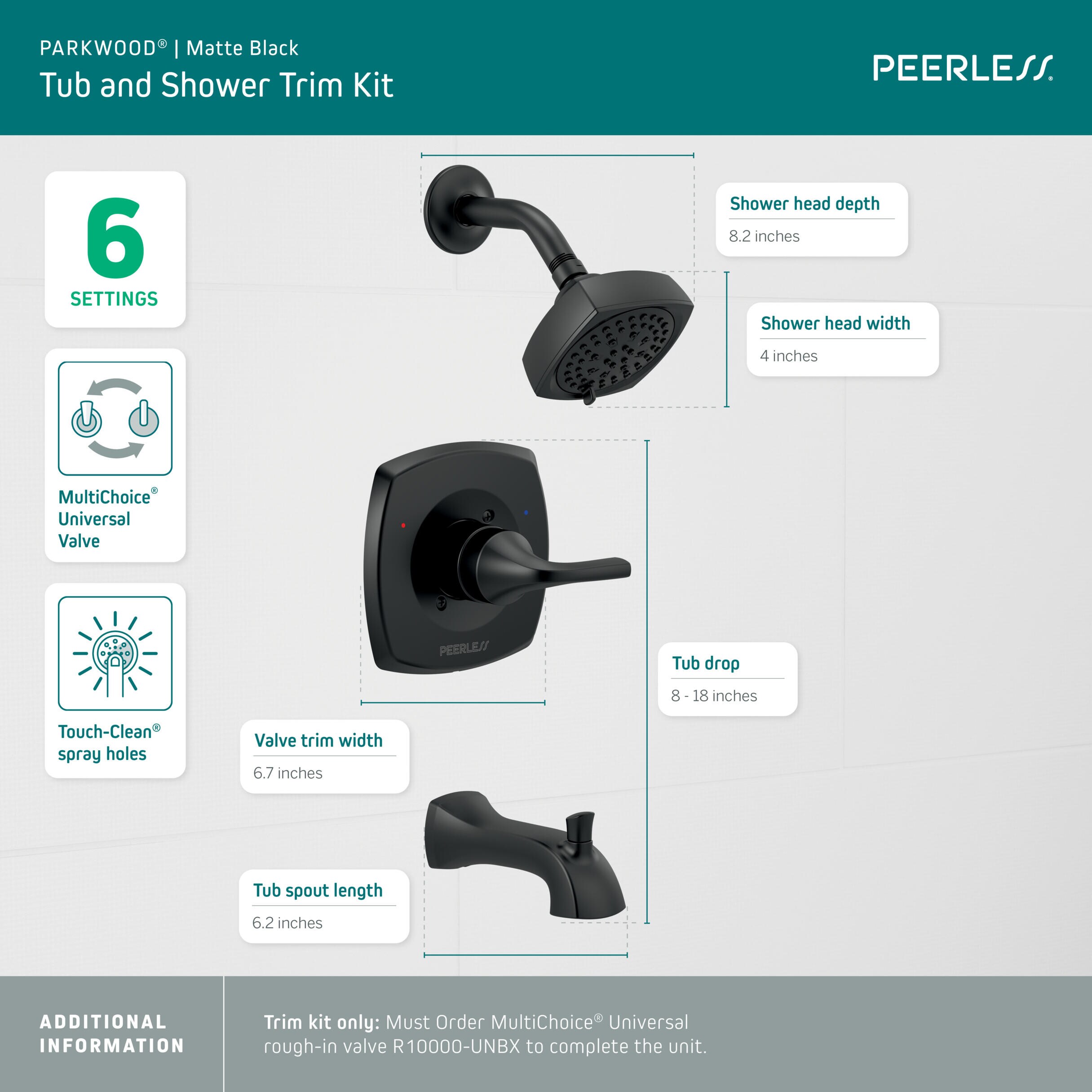 Mezcladora para Bañera y Regadera Negro Mate de Mango Único y Función Múltiple de 4 Pulgadas Peerless Parkwood