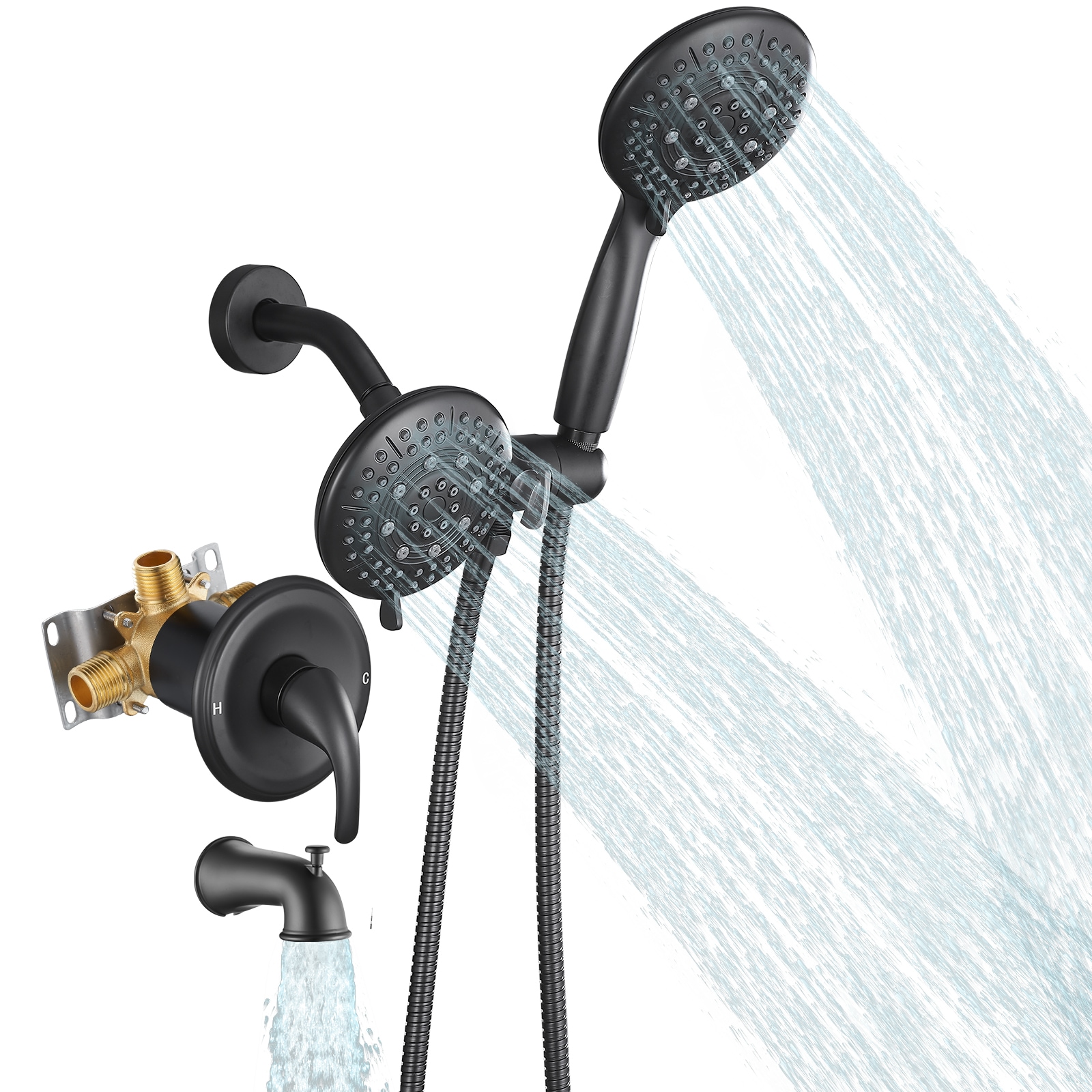 Grifo de bañera y regadera redonda de mano de 4.7 pulgadas con válvula de una manija en negro