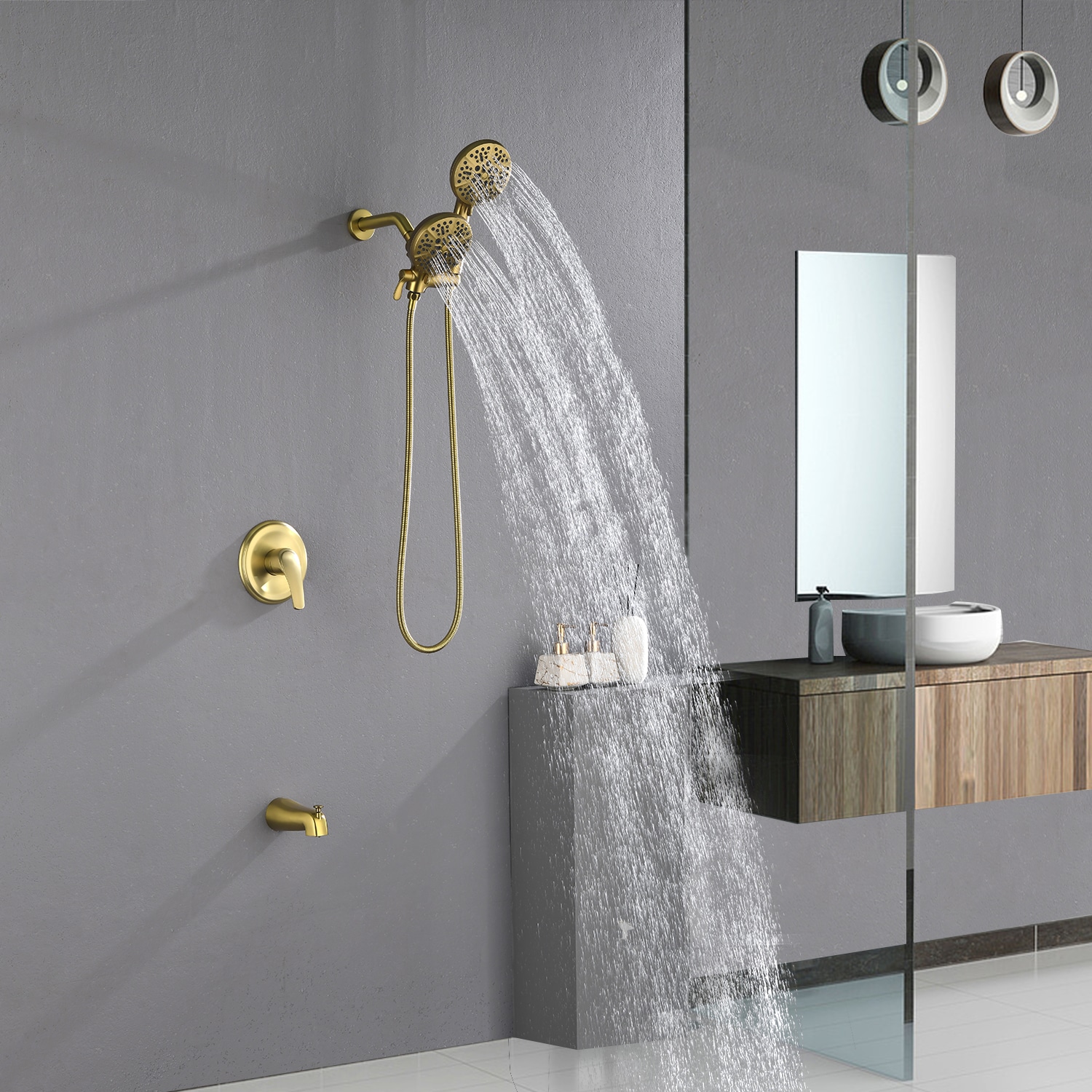 Grifo de bañera y ducha redondo de 4.72 pulgadas, de mano y con un maneral de oro cepillado de WELLFOR con válvula WAQ7006CP