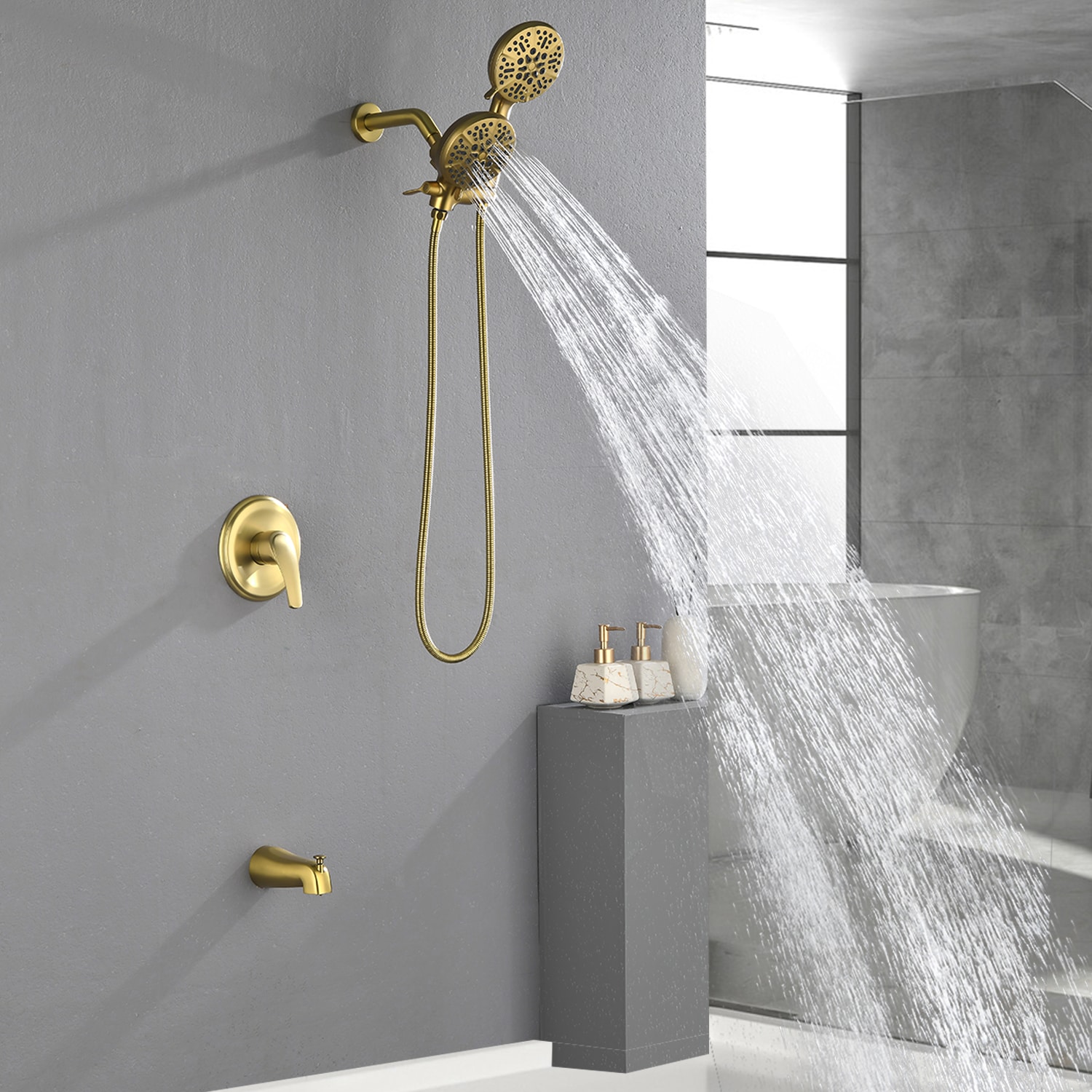 Grifo de bañera y ducha redondo de 4.72 pulgadas, de mano y con un maneral de oro cepillado de WELLFOR con válvula WAQ7006CP