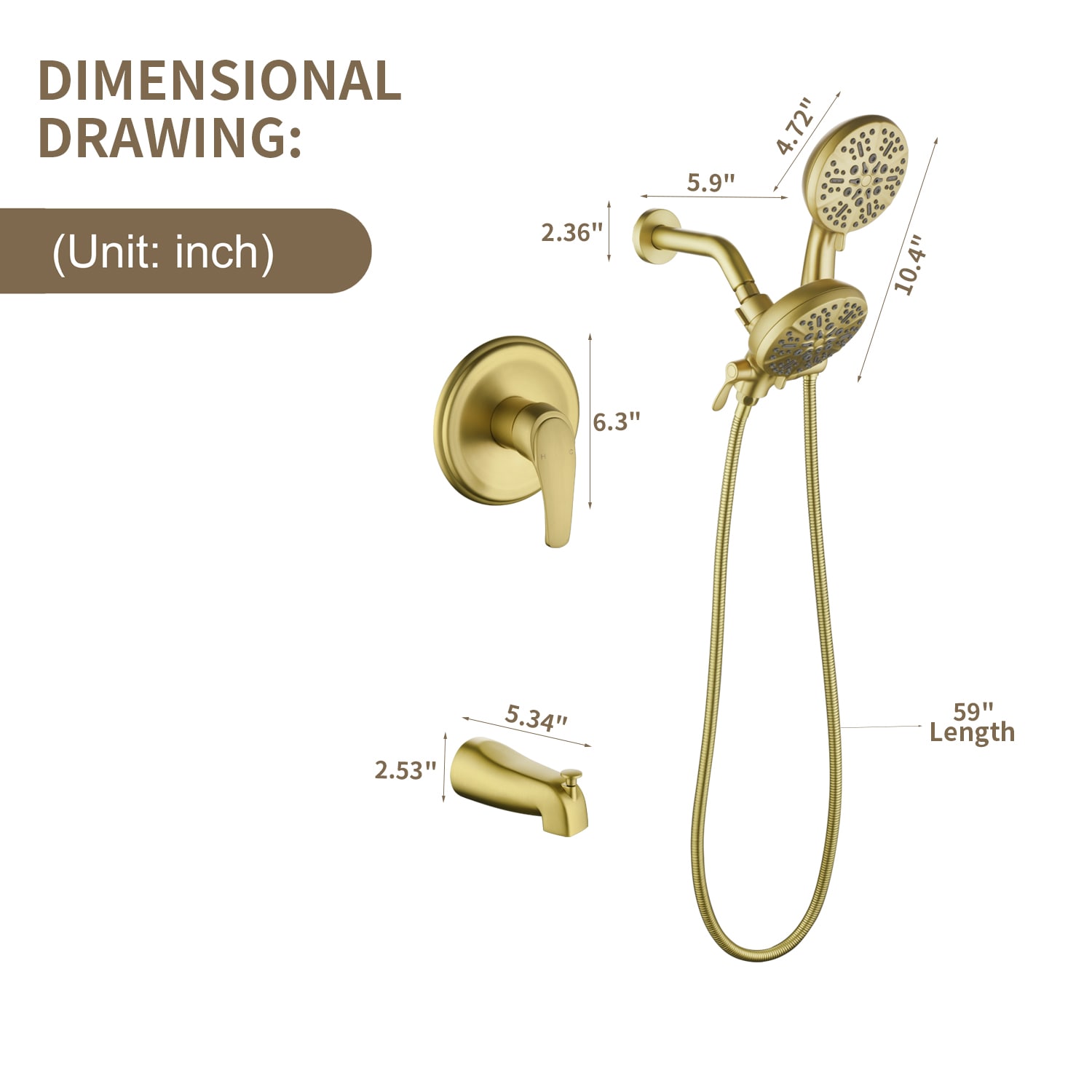 Grifo de bañera y ducha redondo de 4.72 pulgadas, de mano y con un maneral de oro cepillado de WELLFOR con válvula WAQ7006CP