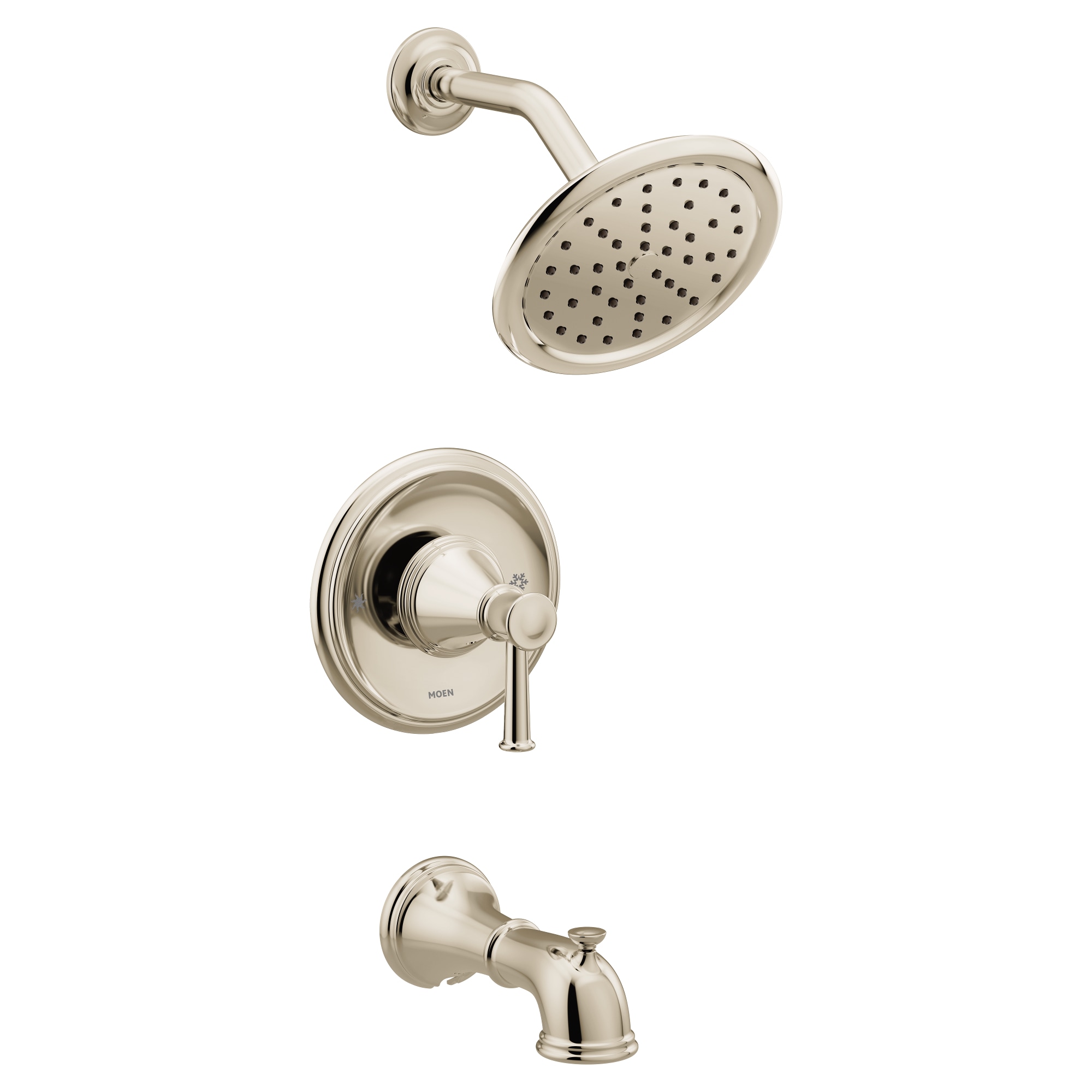 Grifo para bañera y ducha de níquel pulido Moen Belfield de 1 manija y función única de 7 pulgadas de diámetro.