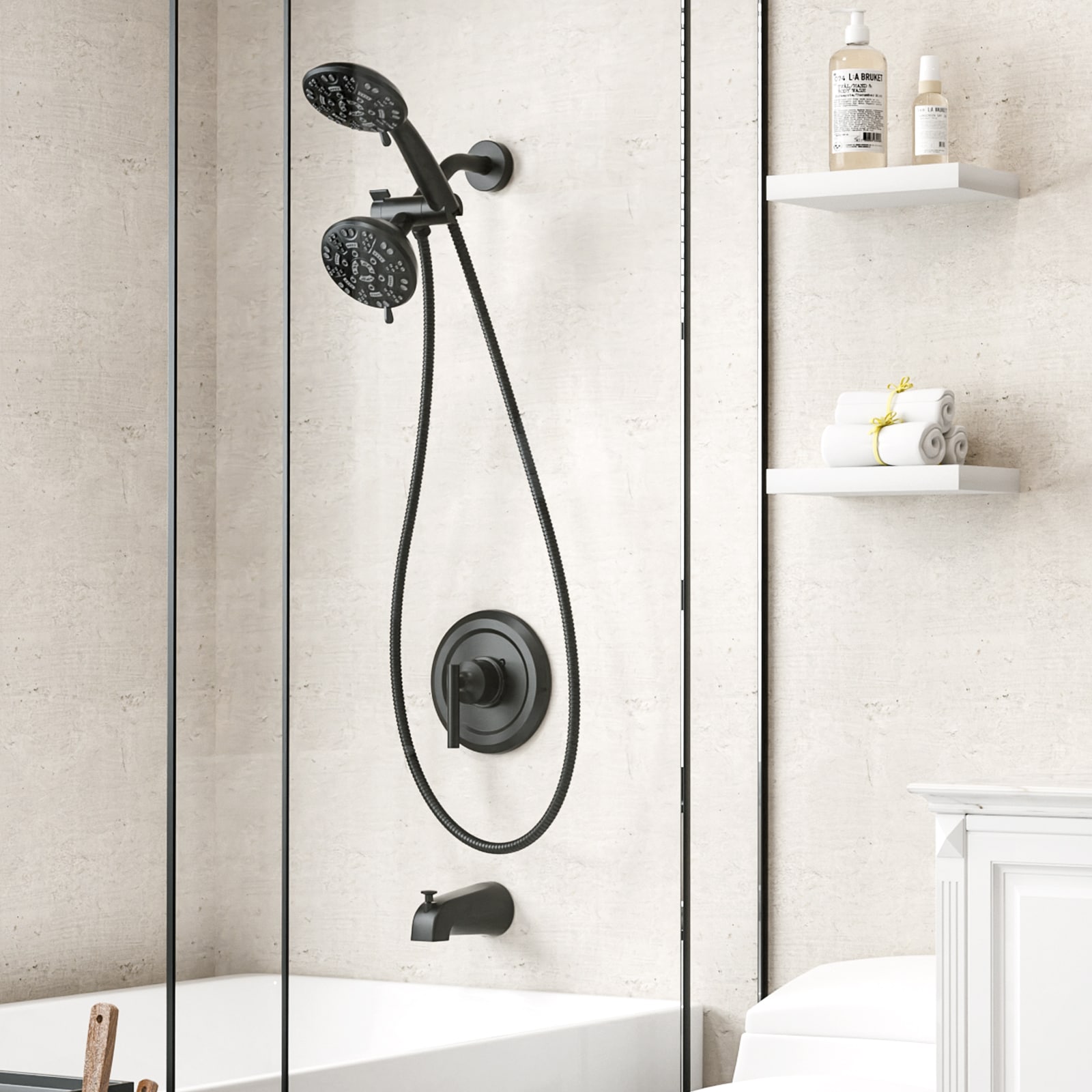 WOWOW Grifo de Bañera y Ducha de 1 Manija, Negro Mate, Función Múltiple de 4.5 pulgadas con Válvula 3090800D