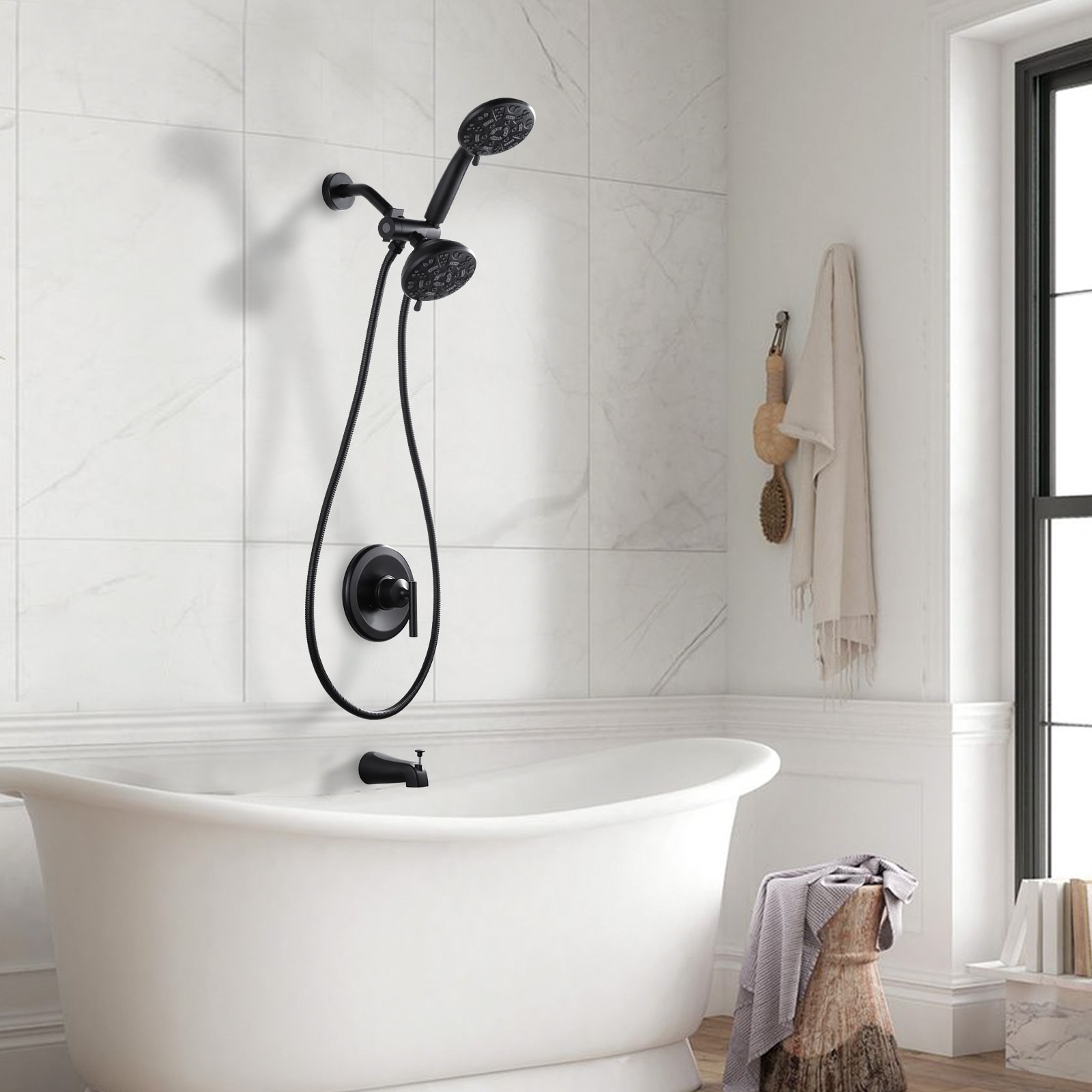 WOWOW Grifo de Bañera y Ducha de 1 Manija, Negro Mate, Función Múltiple de 4.5 pulgadas con Válvula 3090800D