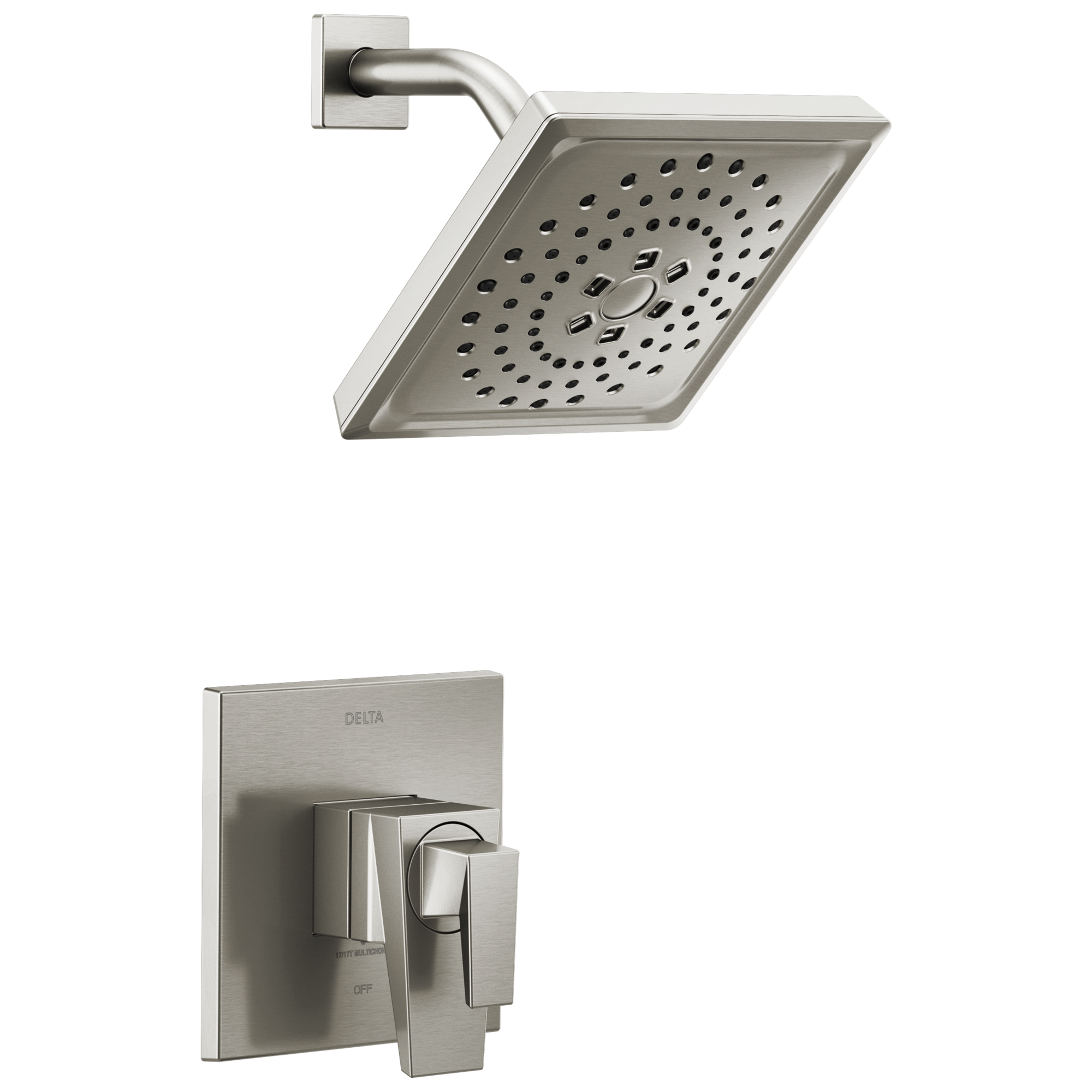 Grifo de Bañera y Ducha Cuadrado de 7.625 Pulgadas con Doble Mango de Acero Inoxidable y Funciones Múltiples Lumicoat de Delta Trillian