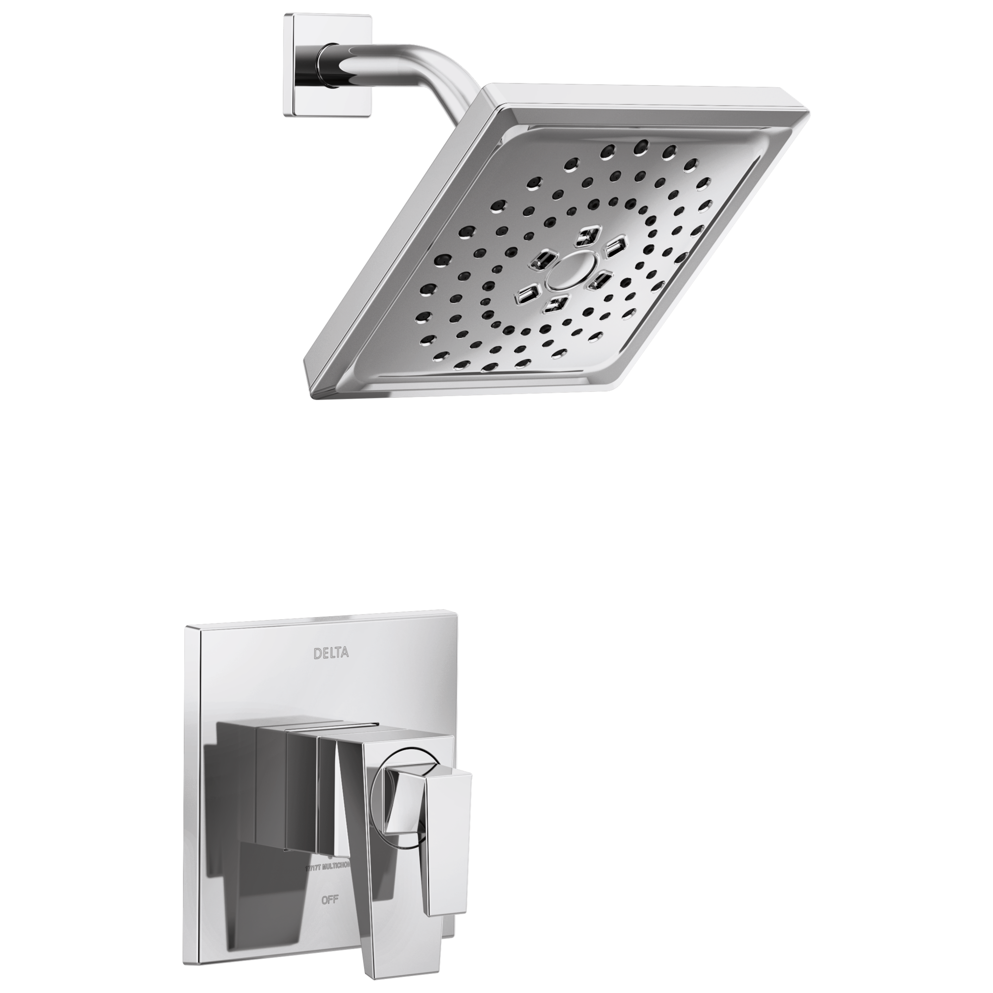 Grifo para bañera y ducha de dos manijas, multifunción, cuadrado de 7.625 pulgadas con recubrimiento de cromo Lumicoat Delta Trillian T17243-PR.