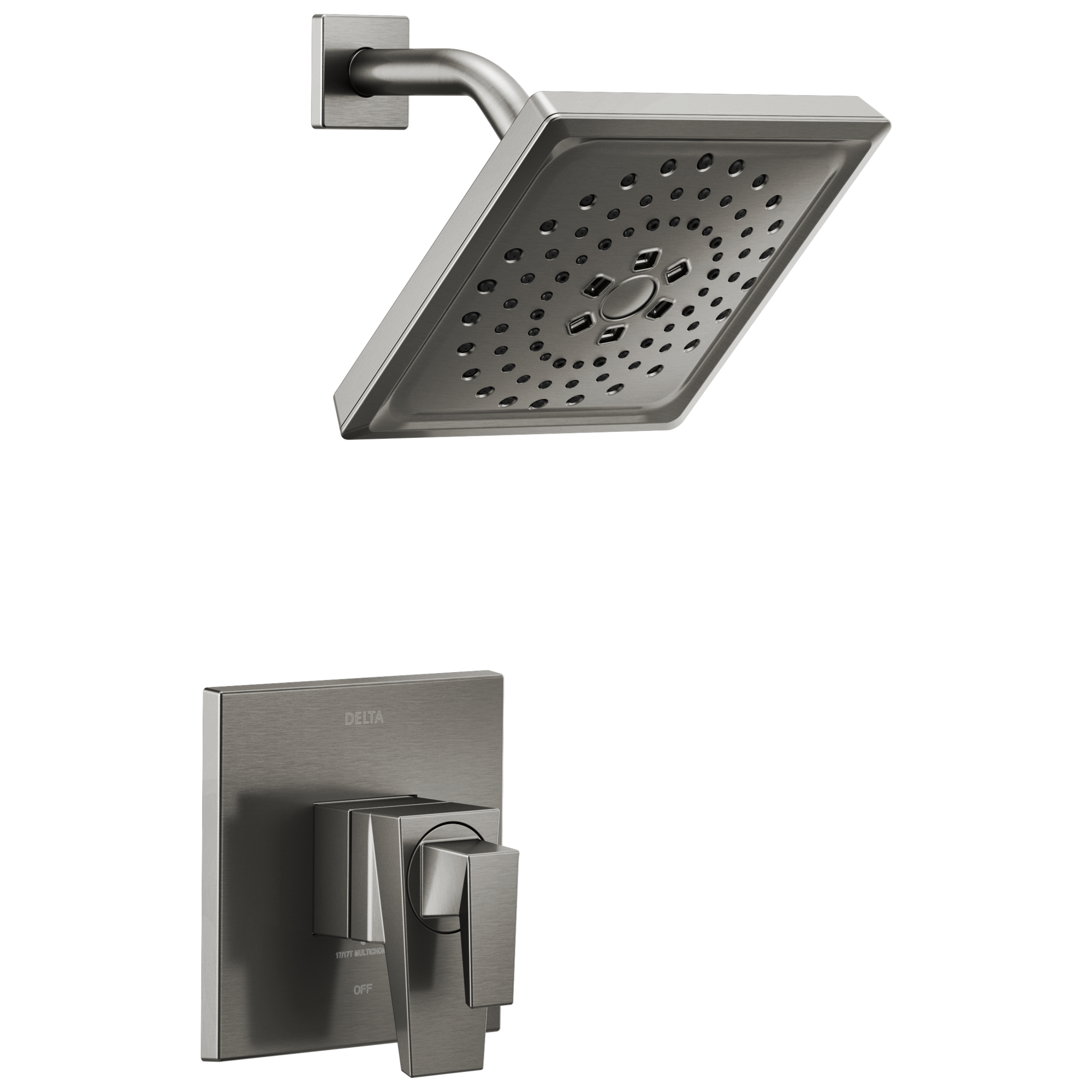 Grifo de bañera y ducha cuadrado de 7.625 pulgadas con dos manijas, acabado en acero negro Lumicoat Trillian de Delta