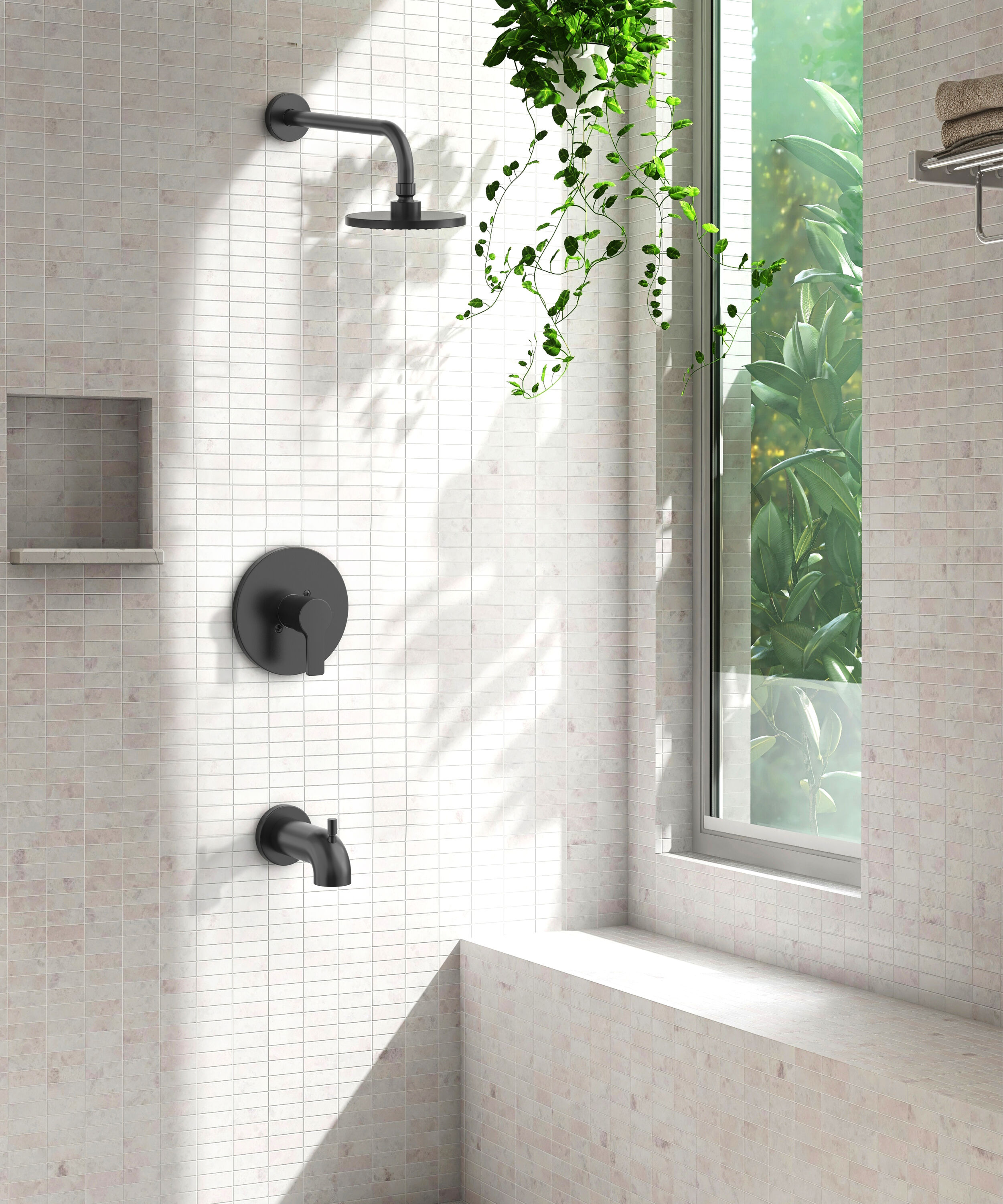 Grifo para bañera y ducha redondo de 5.98 pulgadas, de un solo mango y función única en negro mate de Project Source con válvula