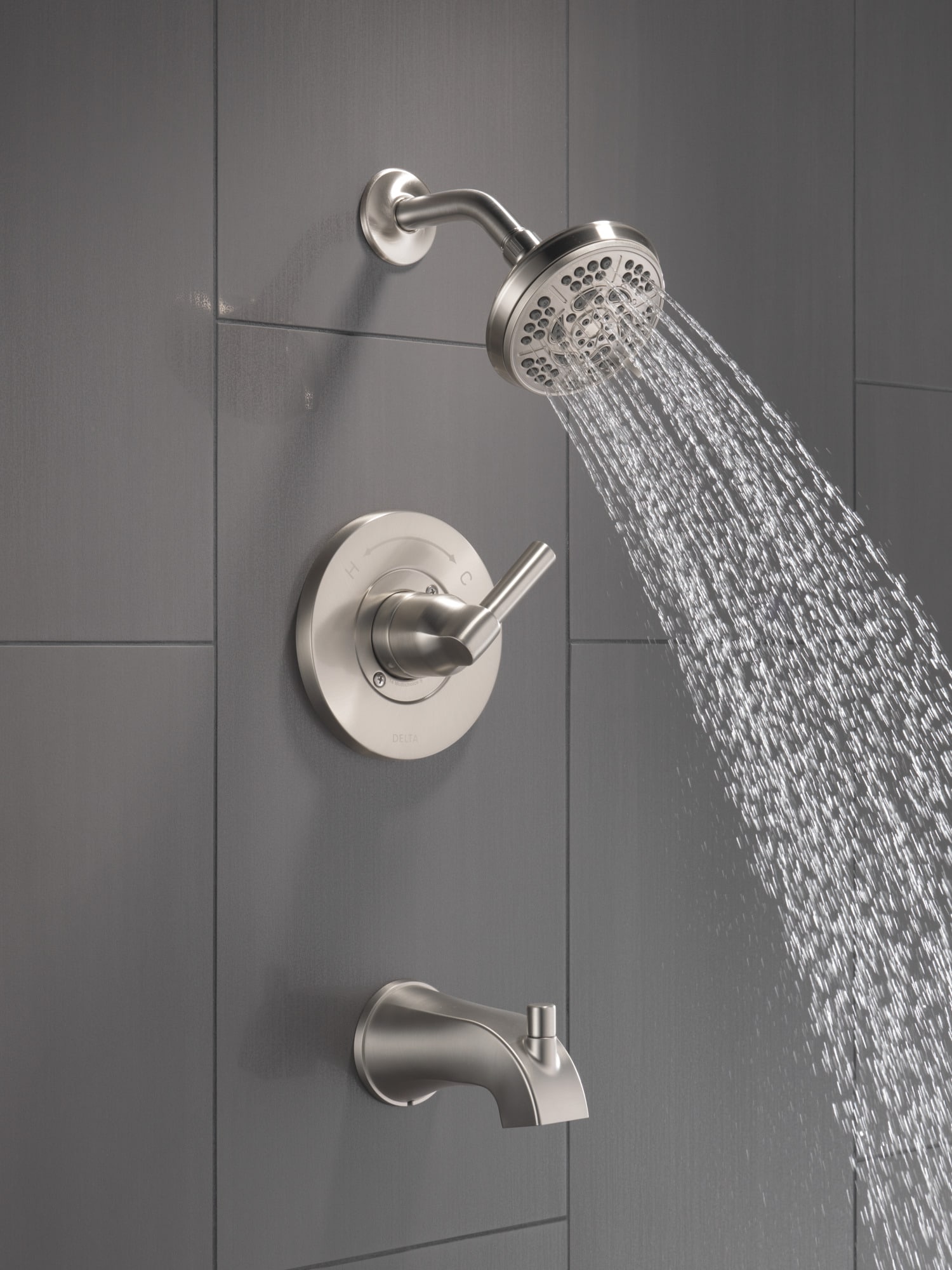 Grifo de bañera y ducha redondo de 4.813 pulgadas, de una sola manija, multifunción, en níquel cepillado Delta Becker Spotshield con válvula 144891-SP.