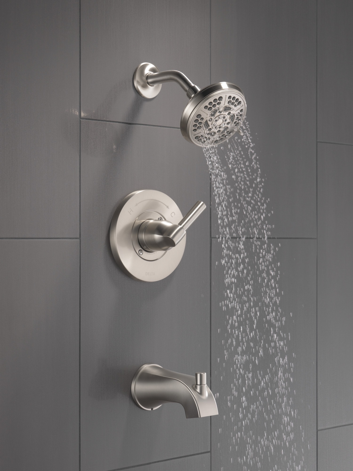 Grifo de bañera y ducha redondo de 4.813 pulgadas, de una sola manija, multifunción, en níquel cepillado Delta Becker Spotshield con válvula 144891-SP.