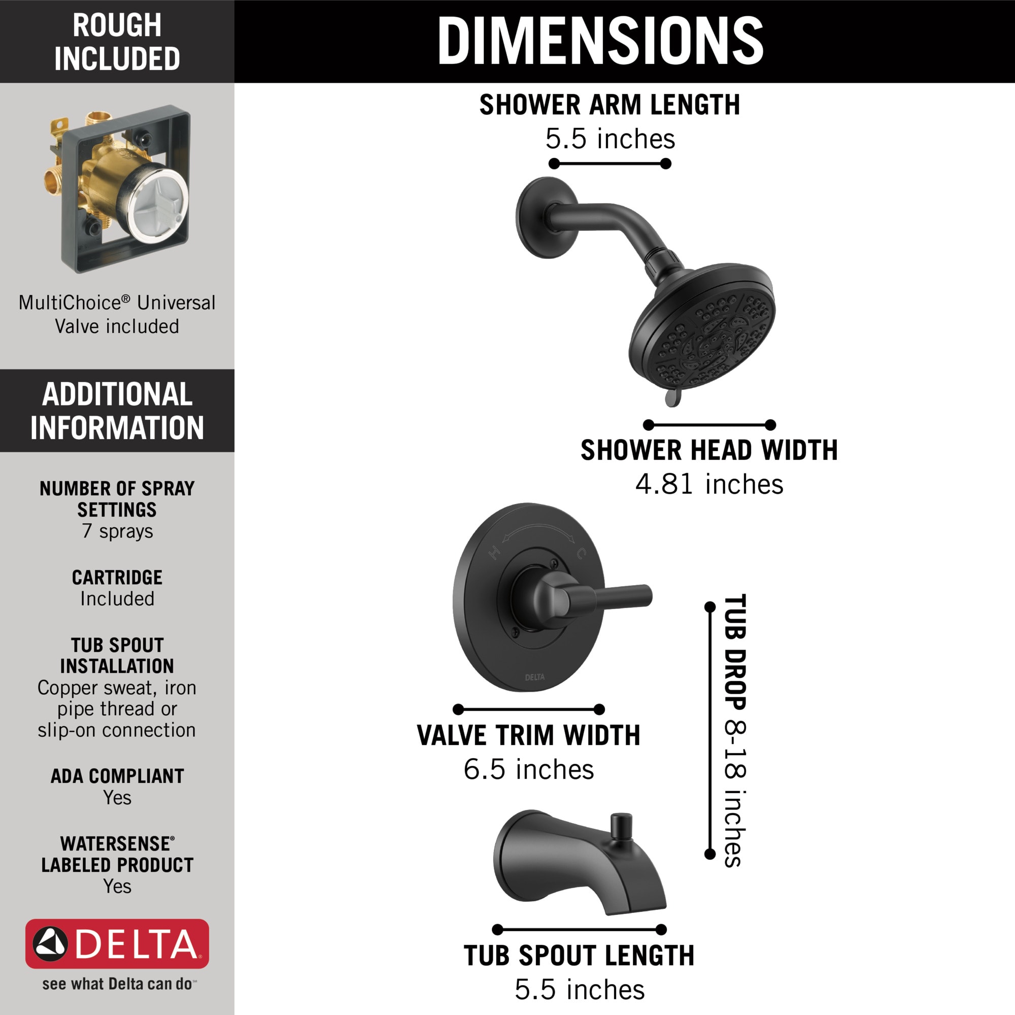 Llave mezcladora para bañera y regadera redonda de 1 manija en negro mate Delta Becker con función multiusos de 4.813 pulgadas y válvula 144891-BL.