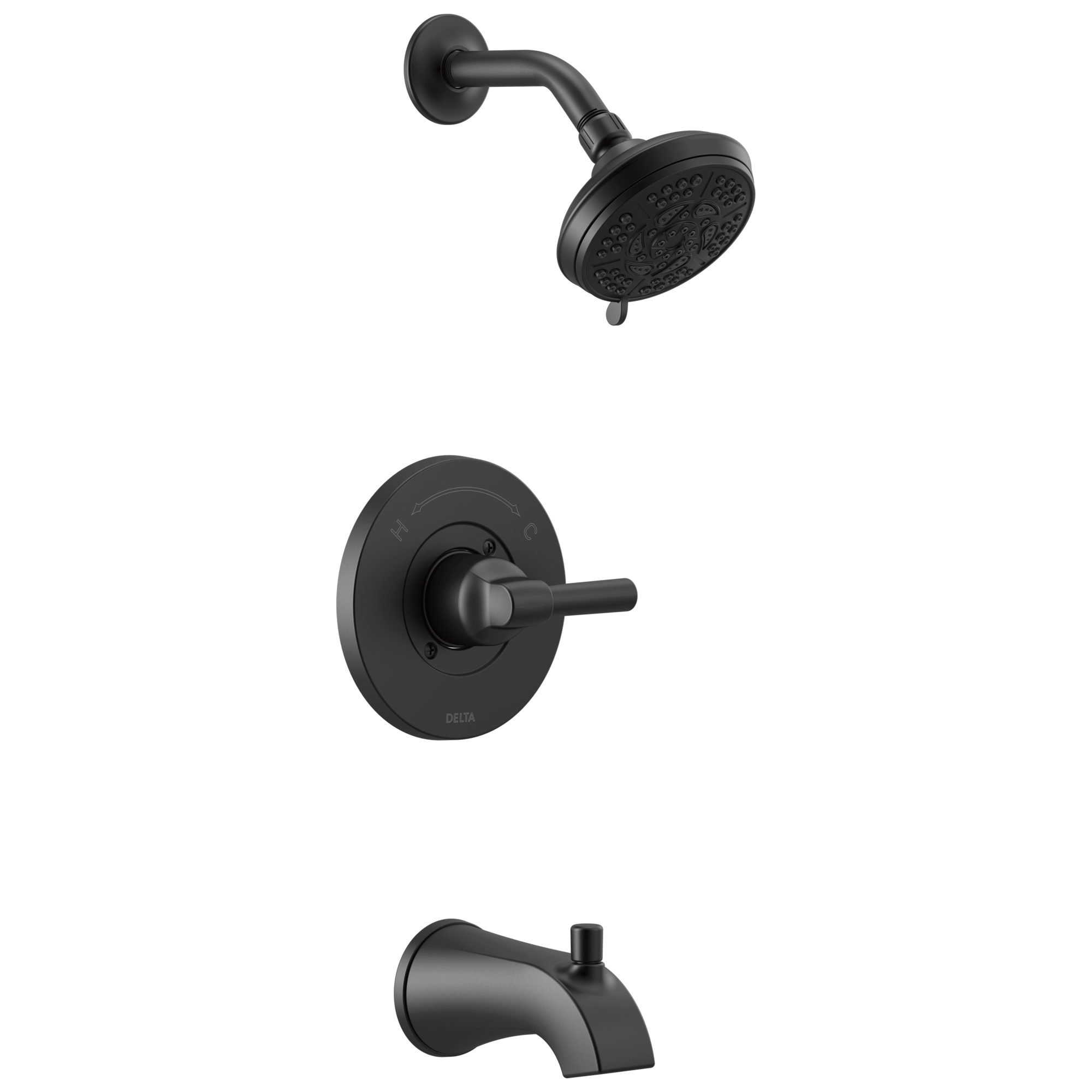 Llave mezcladora para bañera y regadera redonda de 1 manija en negro mate Delta Becker con función multiusos de 4.813 pulgadas y válvula 144891-BL.