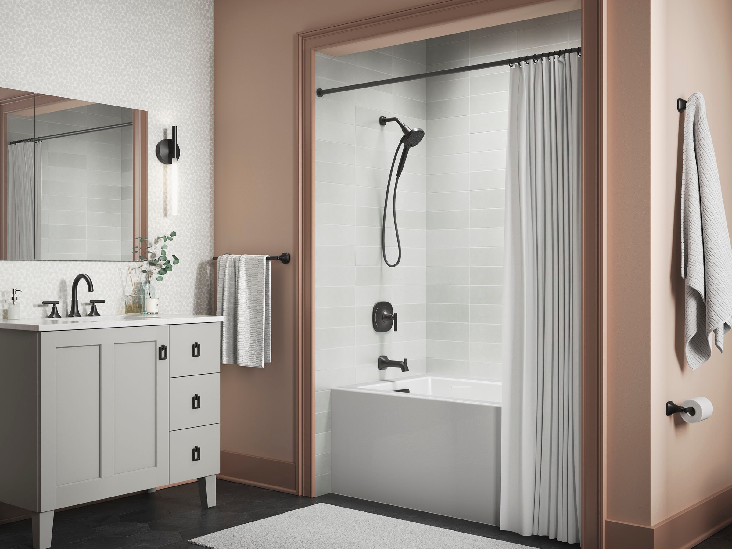 Grifo de bañera y ducha redondo de 4.59 pulgadas con válvula, de una manija y portátil en negro mate Rill Rite-Temp KOHLER R27955-4G-BL