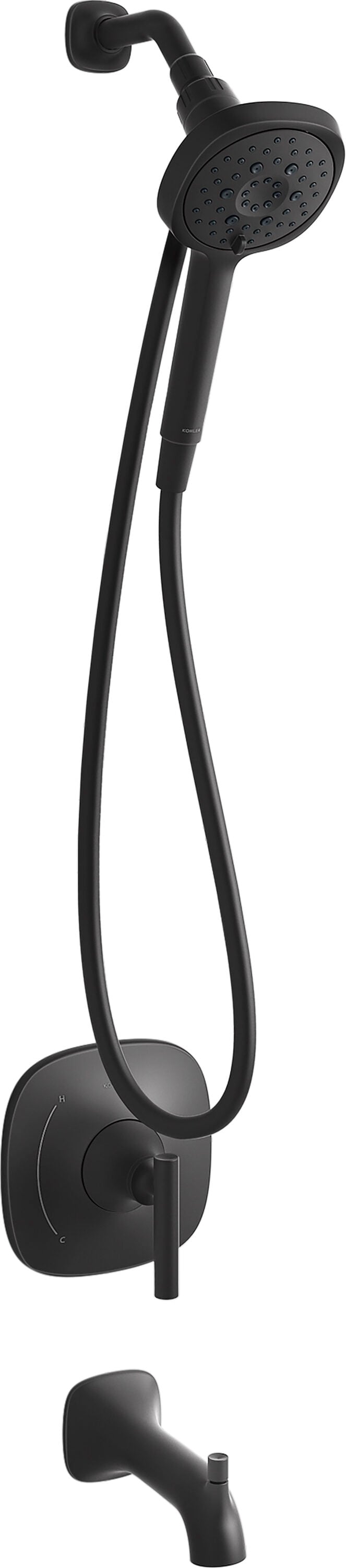 Grifo de bañera y ducha redondo de 4.59 pulgadas con válvula, de una manija y portátil en negro mate Rill Rite-Temp KOHLER R27955-4G-BL