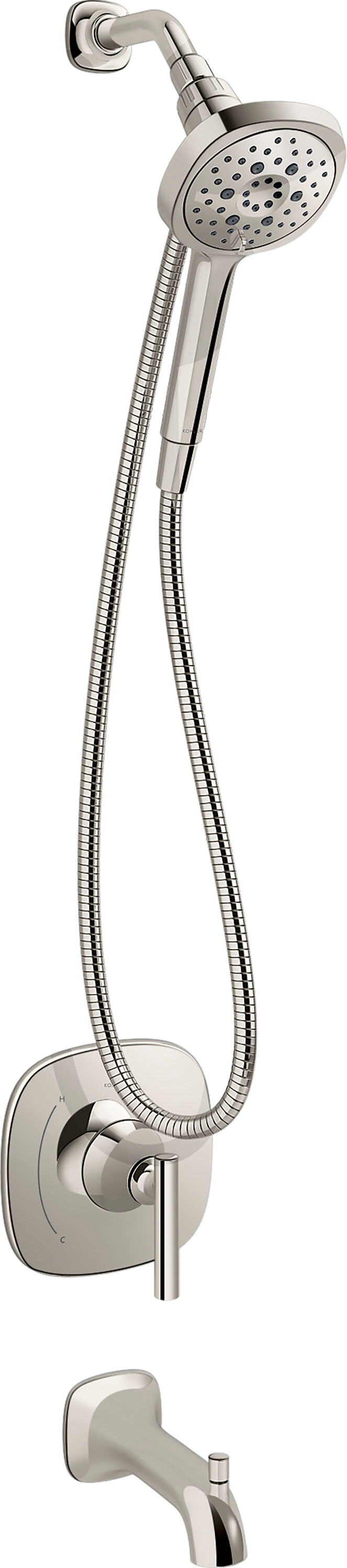 Grifo de bañera y regadera redondo de níquel pulido vibrante de una manija KOHLER Rill Rite-Temp con válvula 4.59 pulgadas - SN.