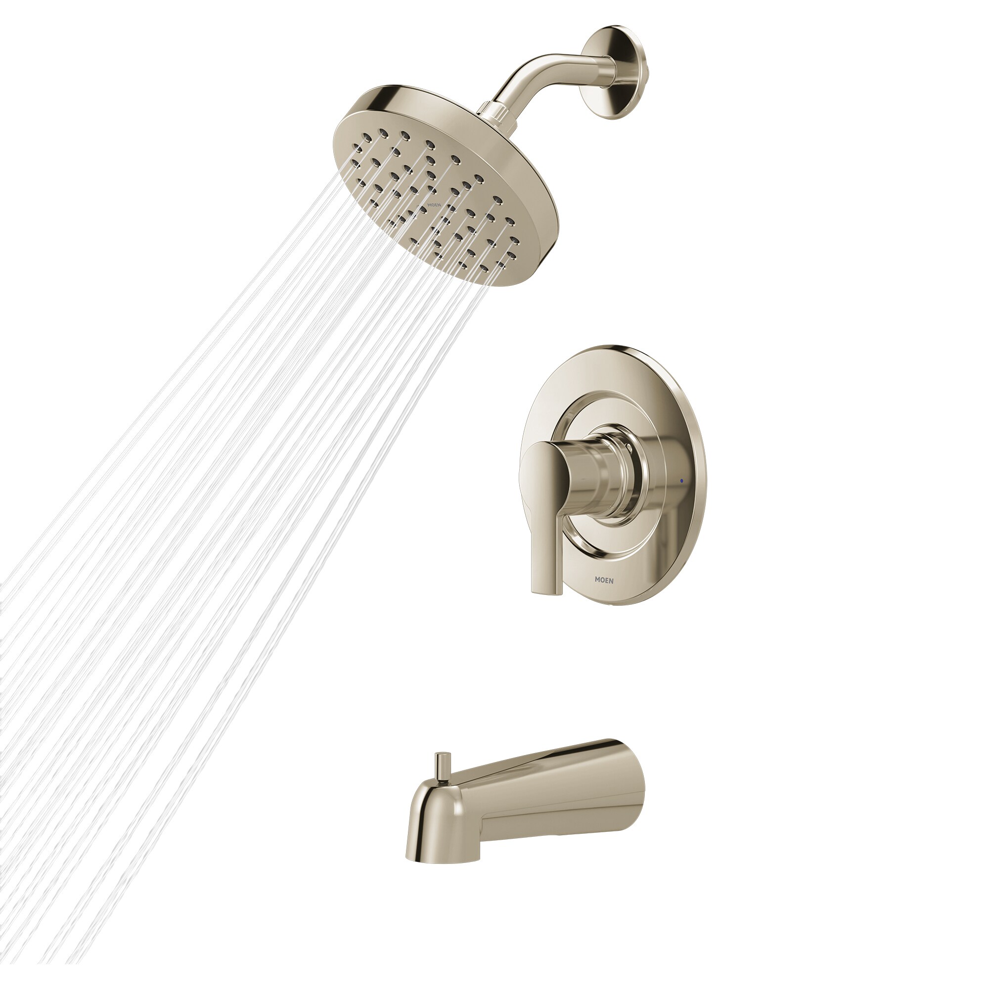 Grifo de bañera y ducha redondo de 7 pulgadas, de 1 manija y función única, en níquel pulido Rinza de Moen con válvula 82628NL.